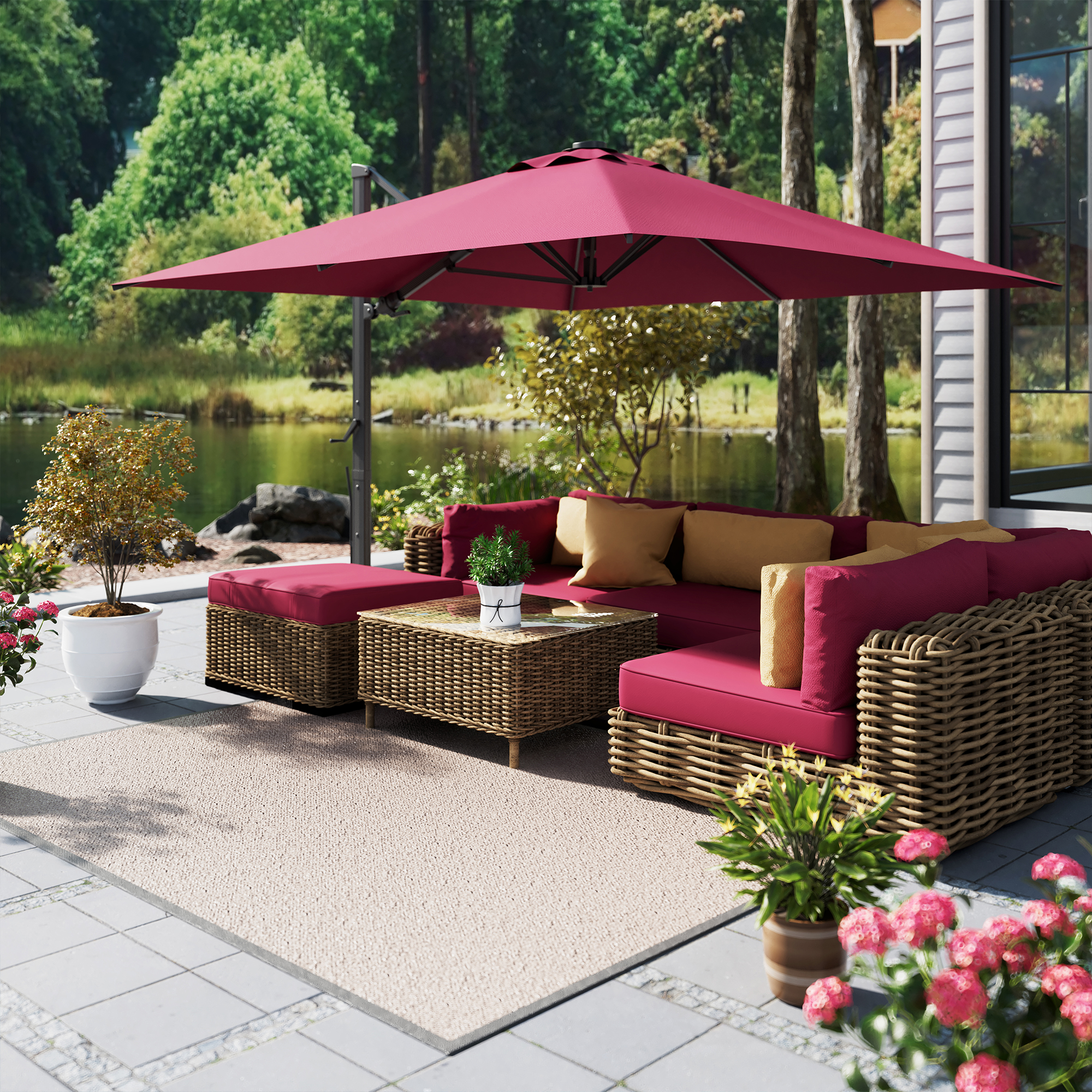 10ft Square Bluetooth Ambient Light 360° Rotation Outdoor Cantilever Tilt Patio Umbrella