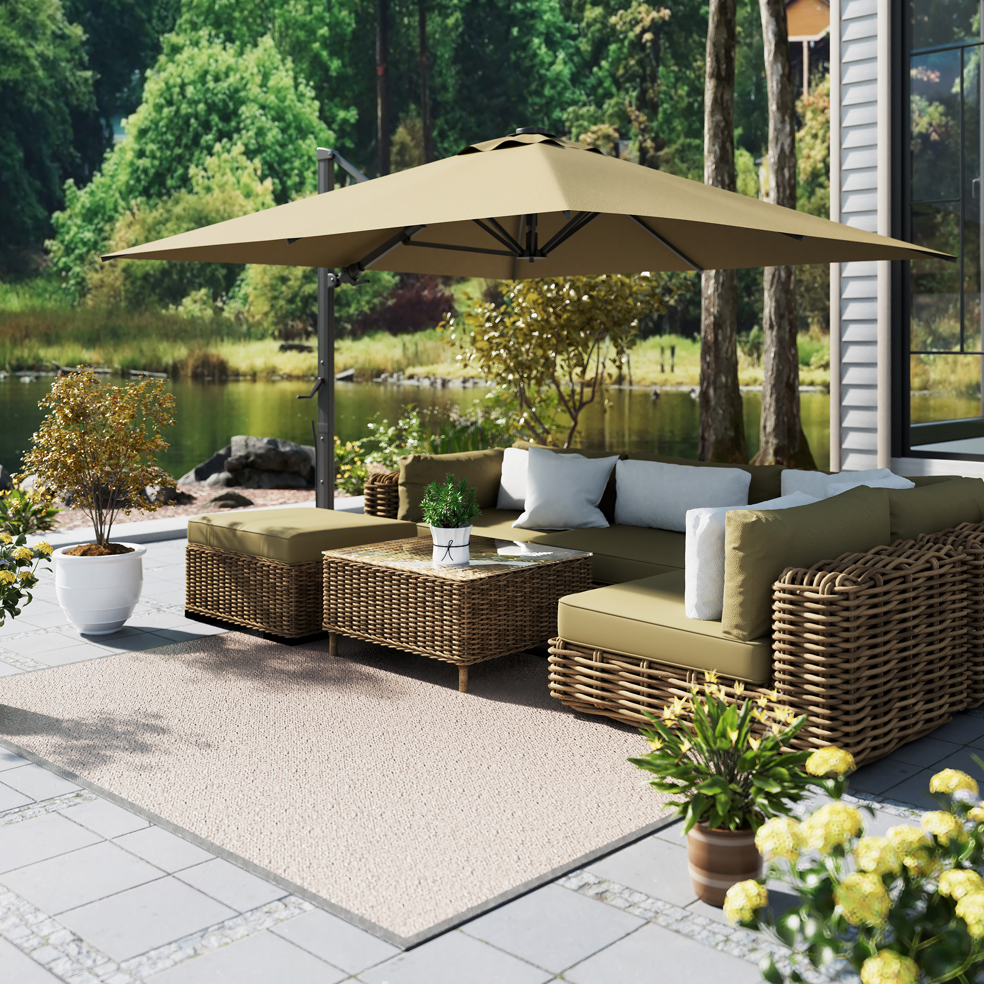 10ft Square Bluetooth Ambient Light 360° Rotation Outdoor Cantilever Tilt Patio Umbrella