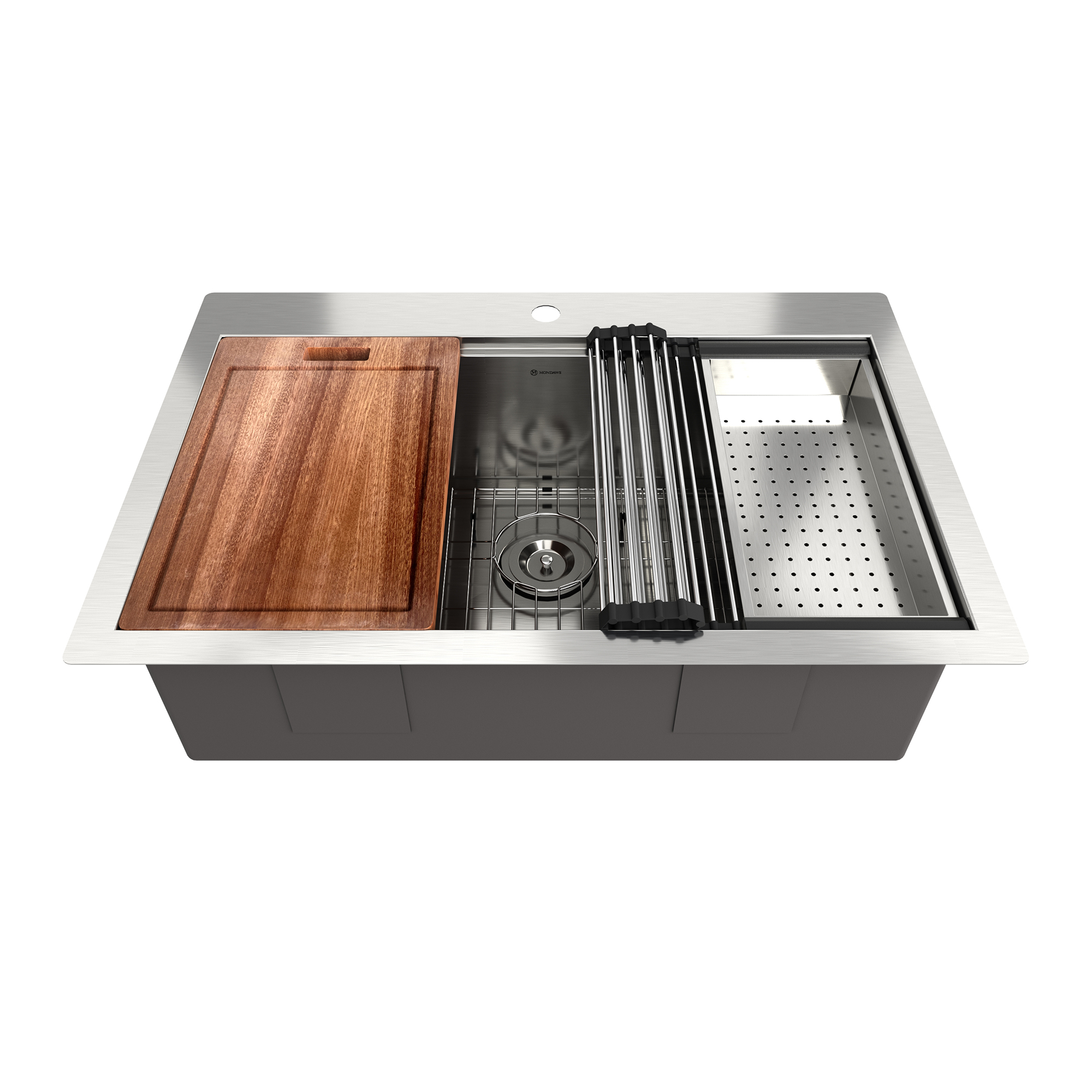 Drop-In 33-in x 22-in Brushed Stainless Steel Single Bowl Workstation Kitchen Sink-Mondawe