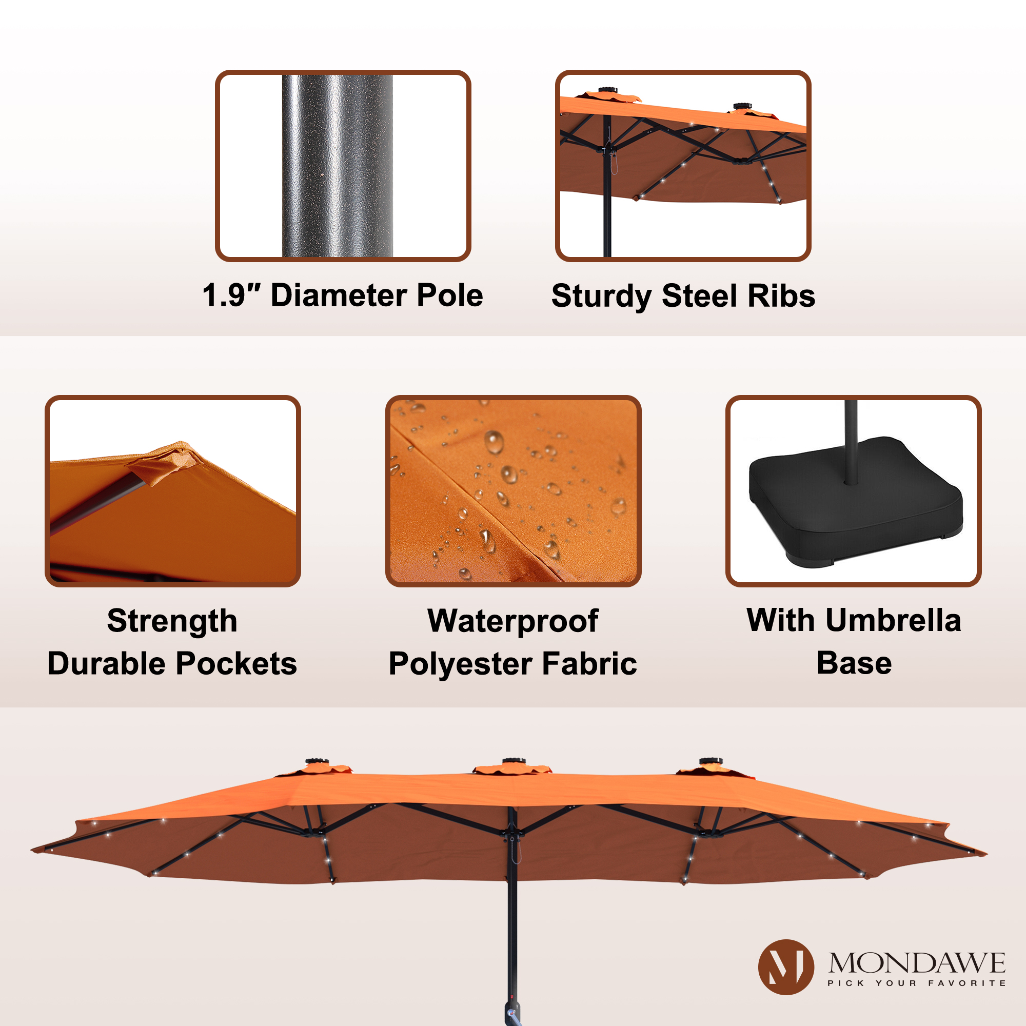 Mondawe 15ft Rectangular Patio Umbrella with Base and LED Lights-Mondawe