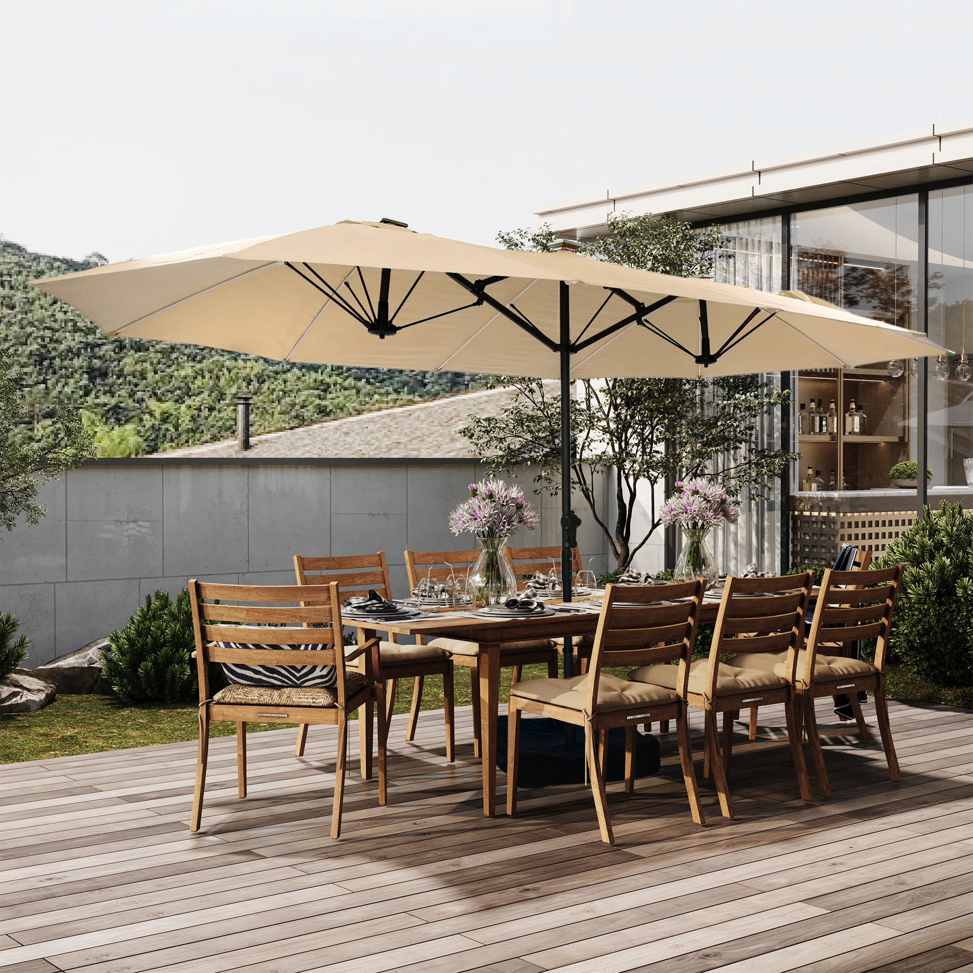 15ft Rectangular Dual-Sided Patio Fiberglass Ribs Umbrella with LED Lights