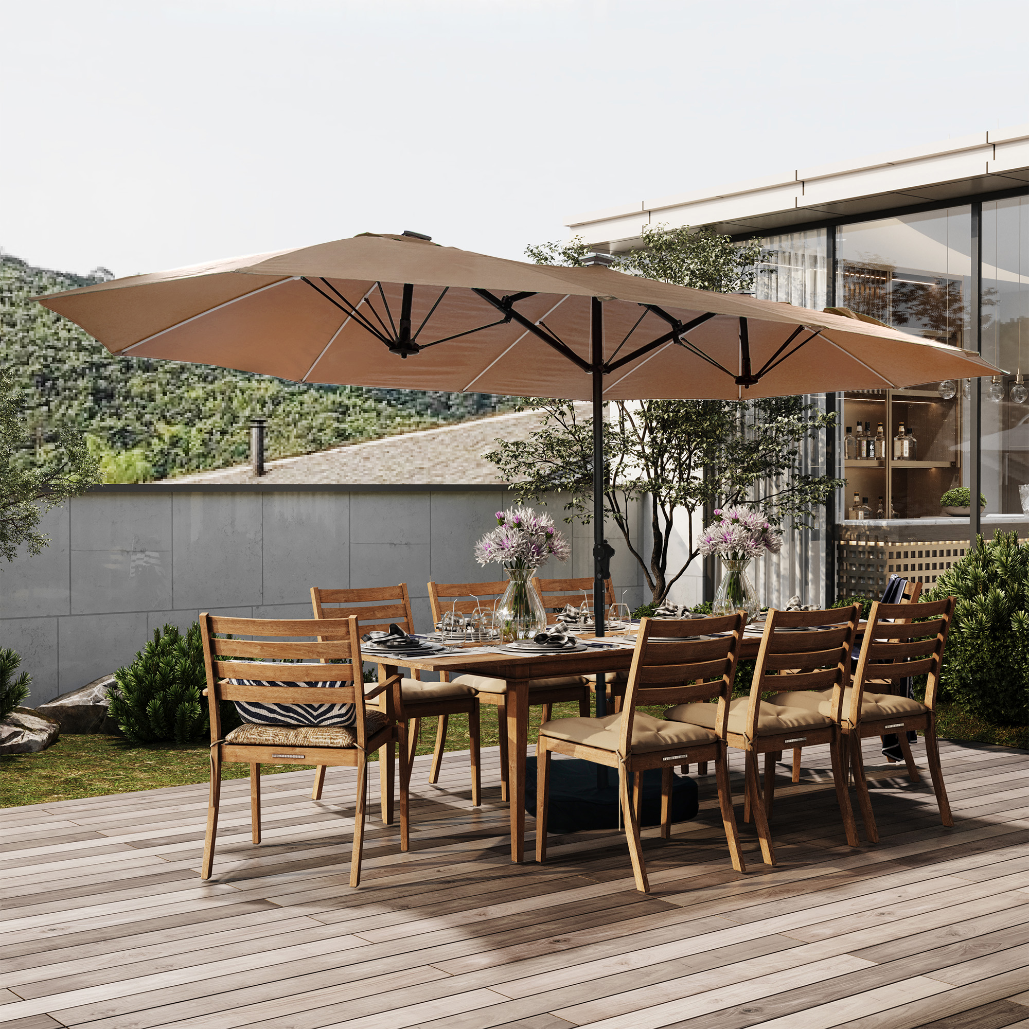 15ft Rectangular Dual-Sided Patio Fiberglass Ribs Umbrella with LED Lights