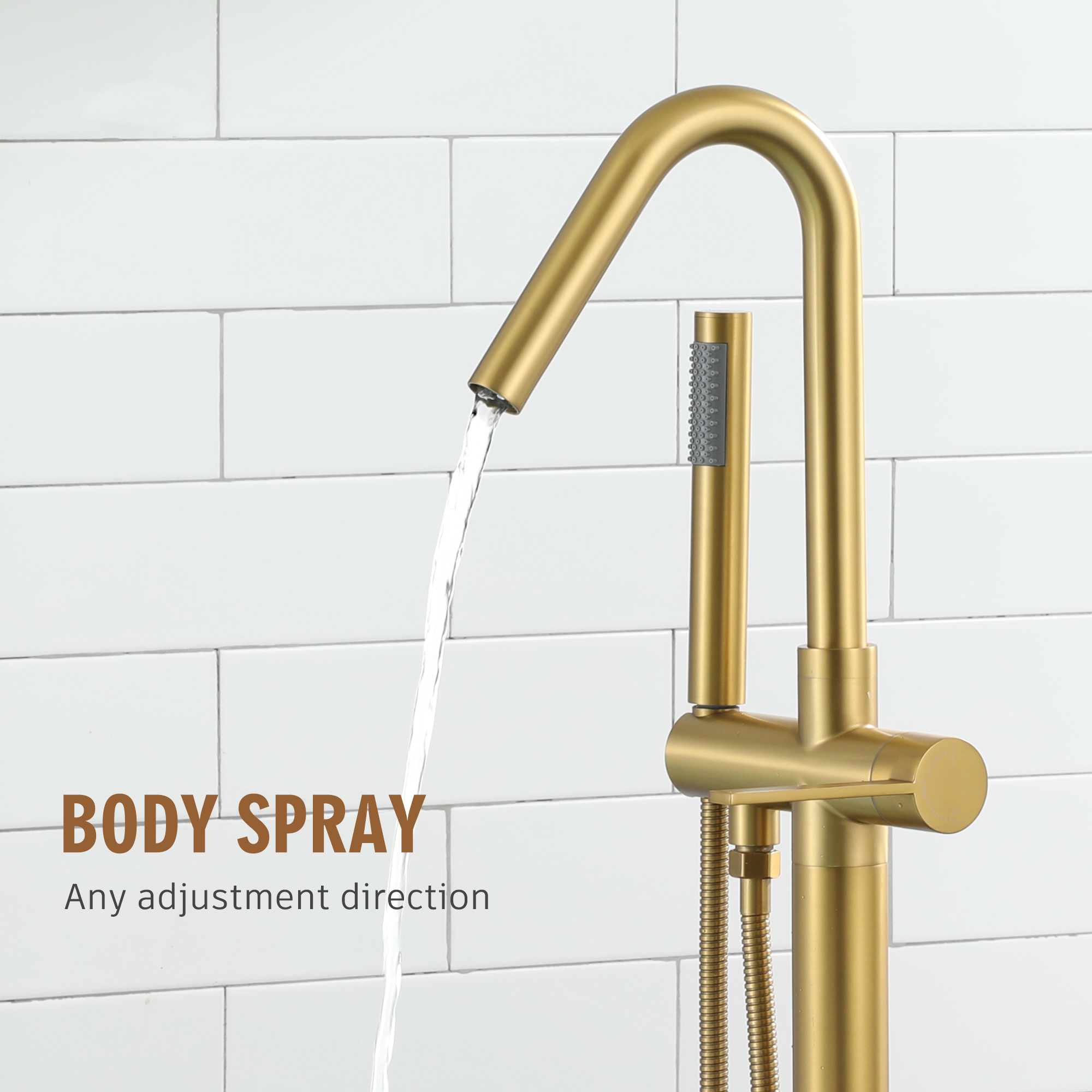 Freestanding Bathtub Faucet with Hand Shower, 360-Degree Swivel Spout, 2.7 GPM High Flow Rate Brushed Brass