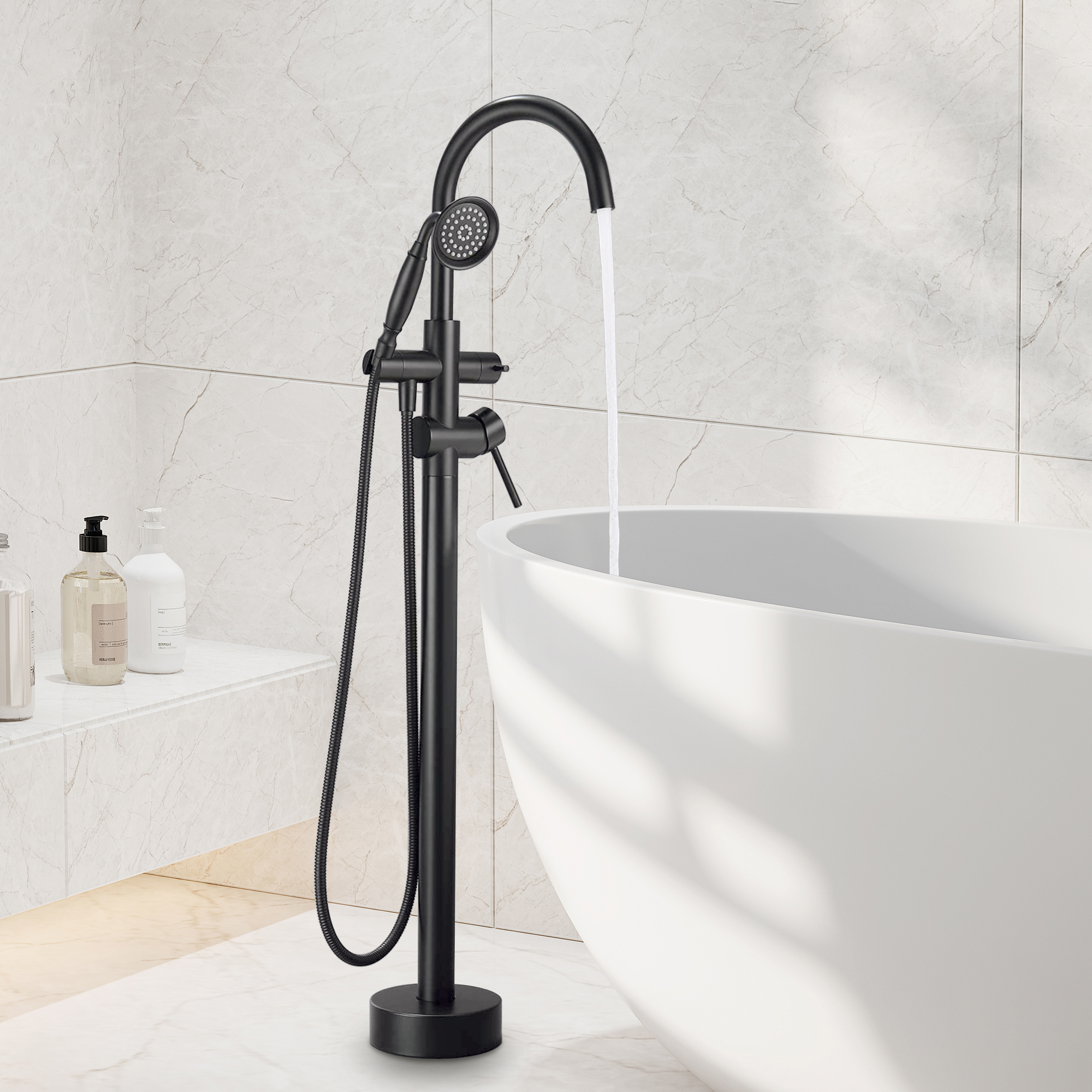 2.5 GPM Floor Mount Freestanding Tub Faucet with Handheld Shower, Brushed Nickel/Matte Black