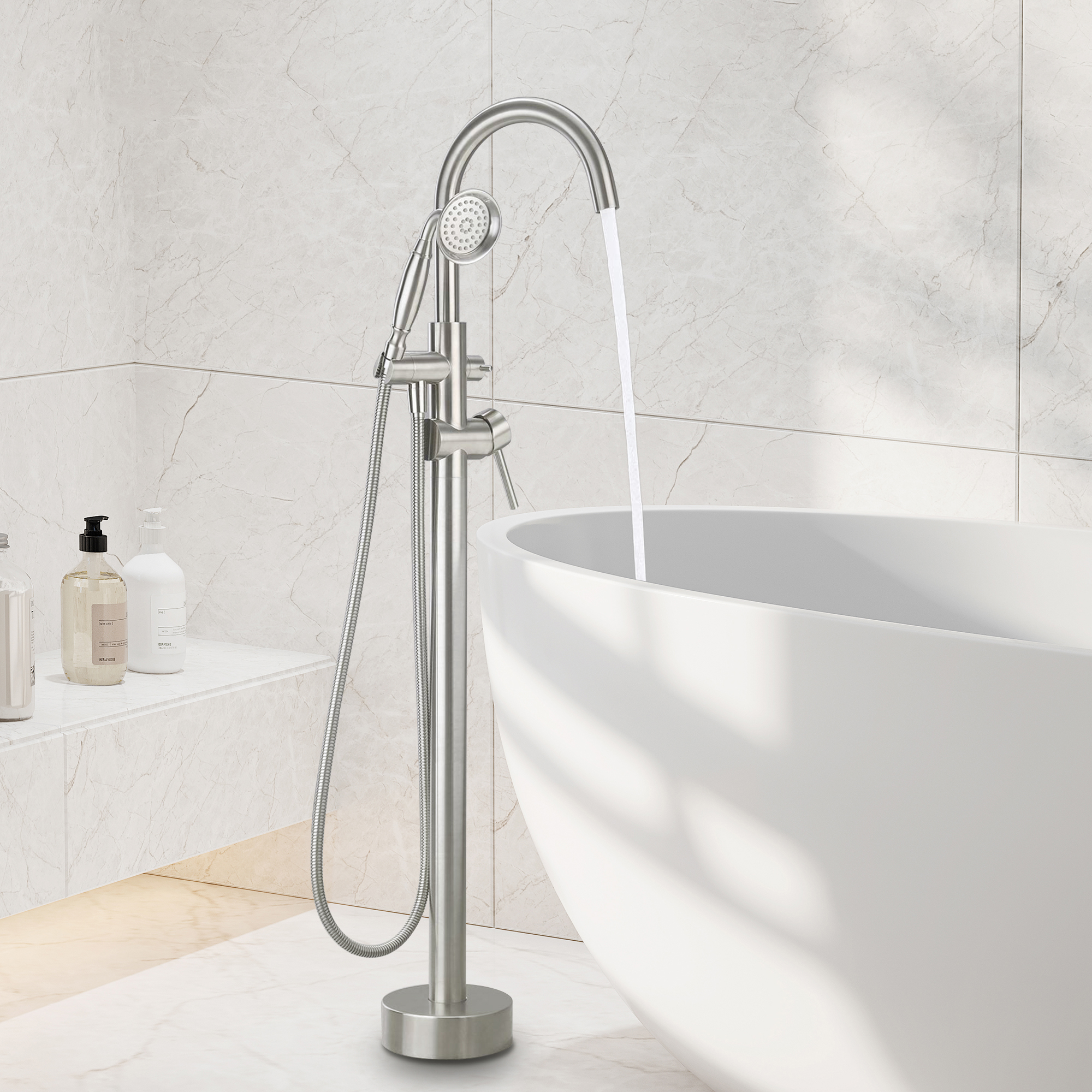 2.5 GPM Floor Mount Freestanding Tub Faucet with Handheld Shower, Brushed Nickel/Matte Black