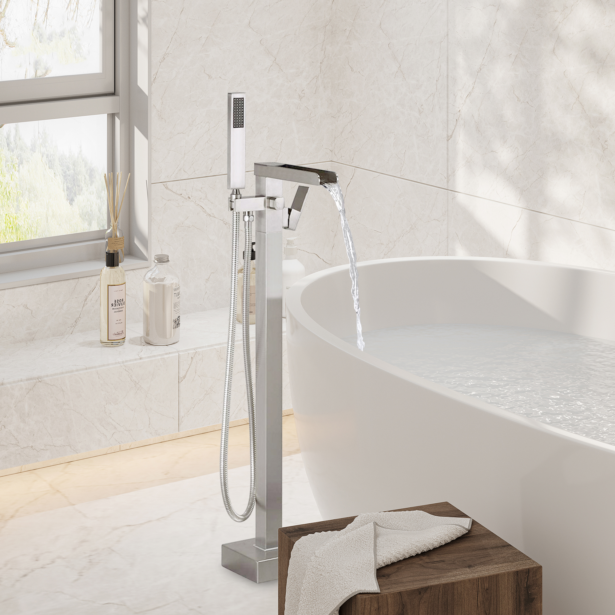 2.5 GPM Floor Mount Freestanding Waterfall Tub Faucet with Handheld Shower, Brushed Nickel/Matte Black/Brushed Gold