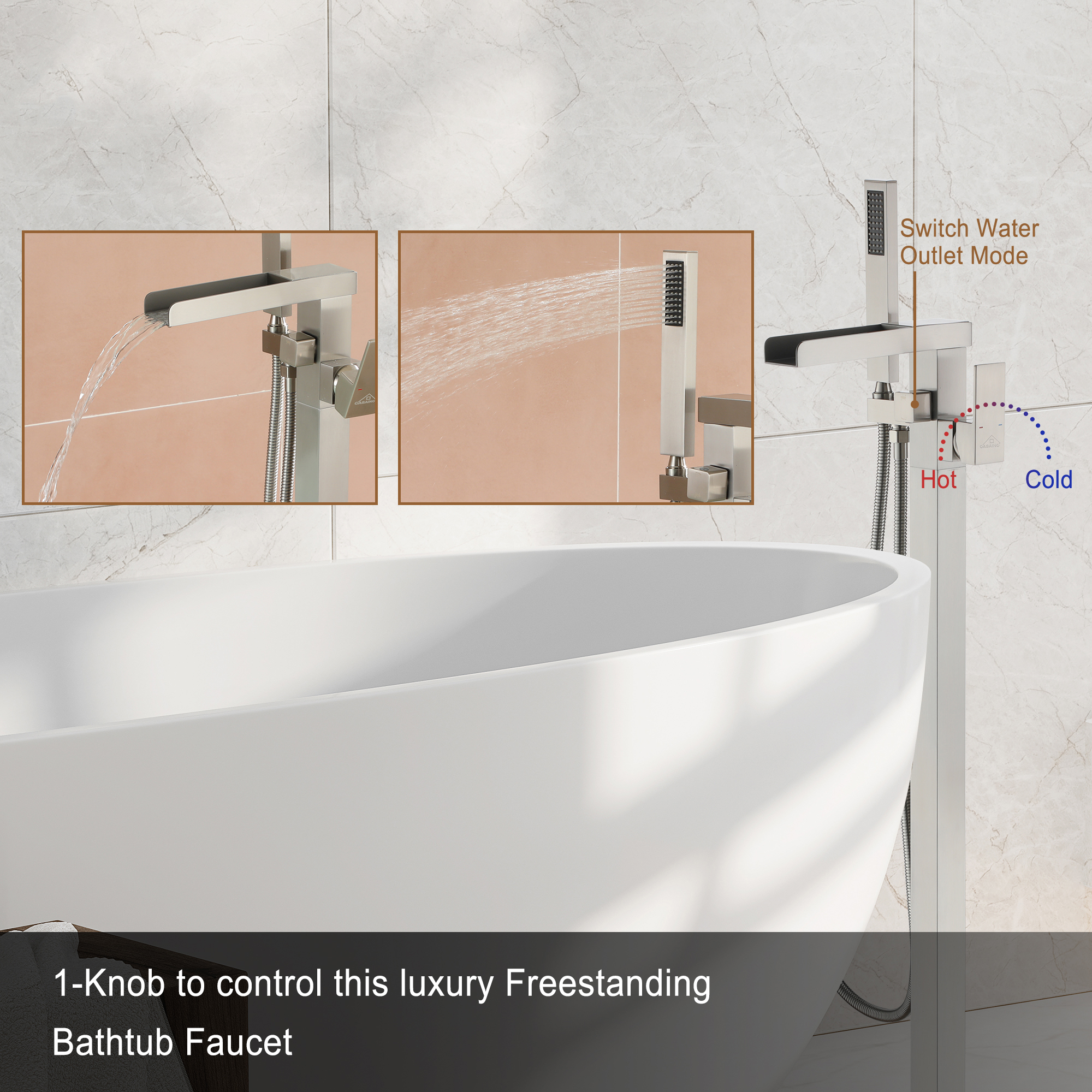 2.5 GPM Floor Mount Freestanding Waterfall Tub Faucet with Handheld Shower, Brushed Nickel/Matte Black/Brushed Gold