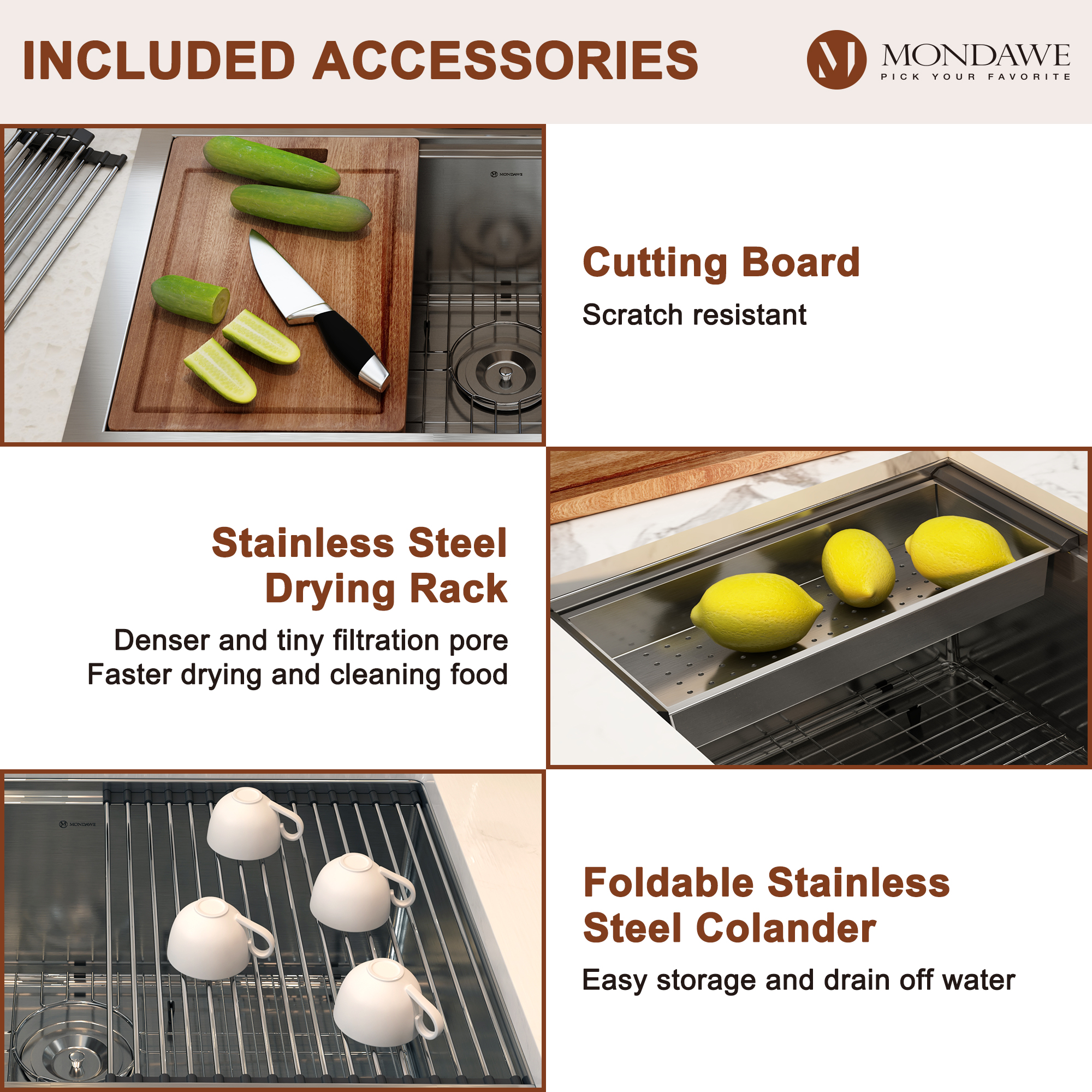 Undermount 36-in x 19-in Brushed Stainless Steel Single Bowl Workstation Kitchen Sink-Mondawe