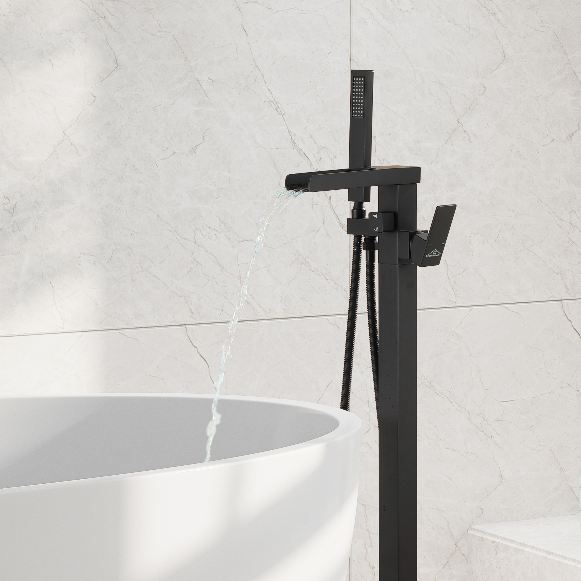 2.5 GPM Floor Mount Freestanding Waterfall Tub Faucet with Handheld Shower, Brushed Nickel/Matte Black/Brushed Gold