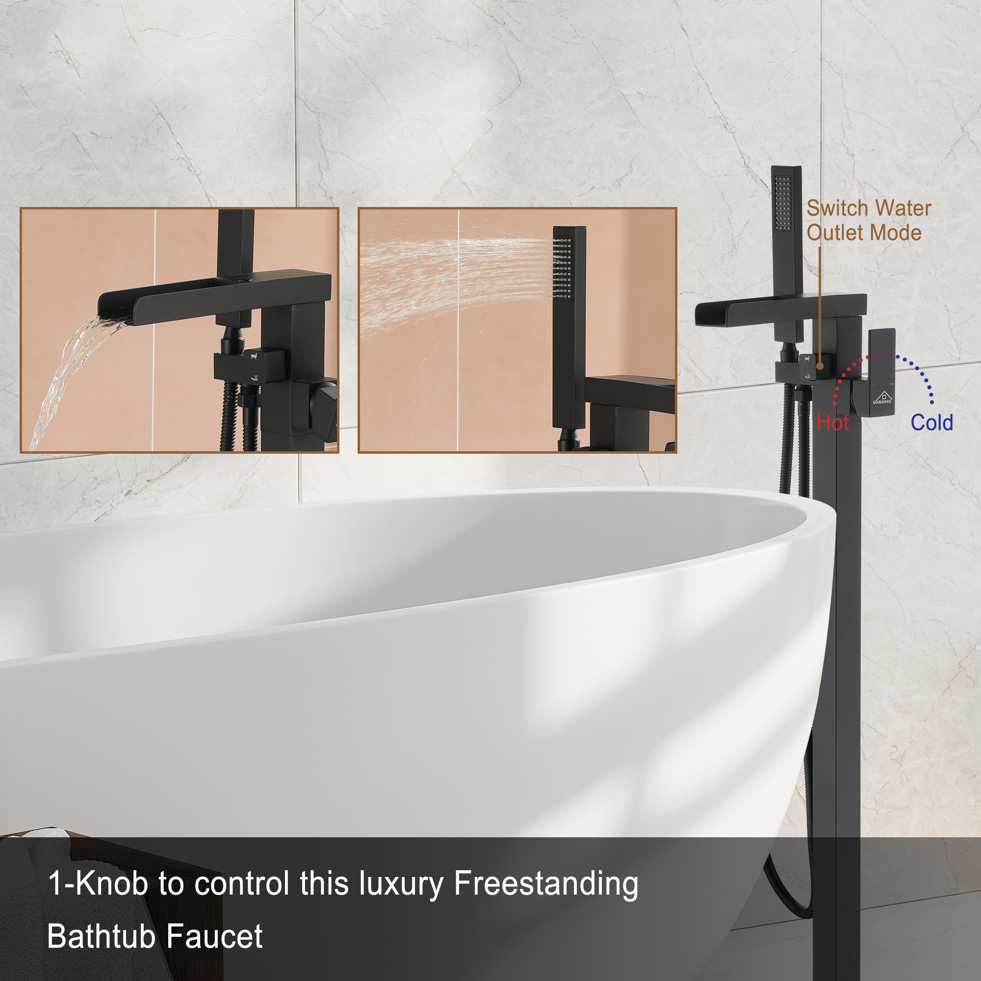 2.5 GPM Floor Mount Freestanding Waterfall Tub Faucet with Handheld Shower, Brushed Nickel/Matte Black/Brushed Gold