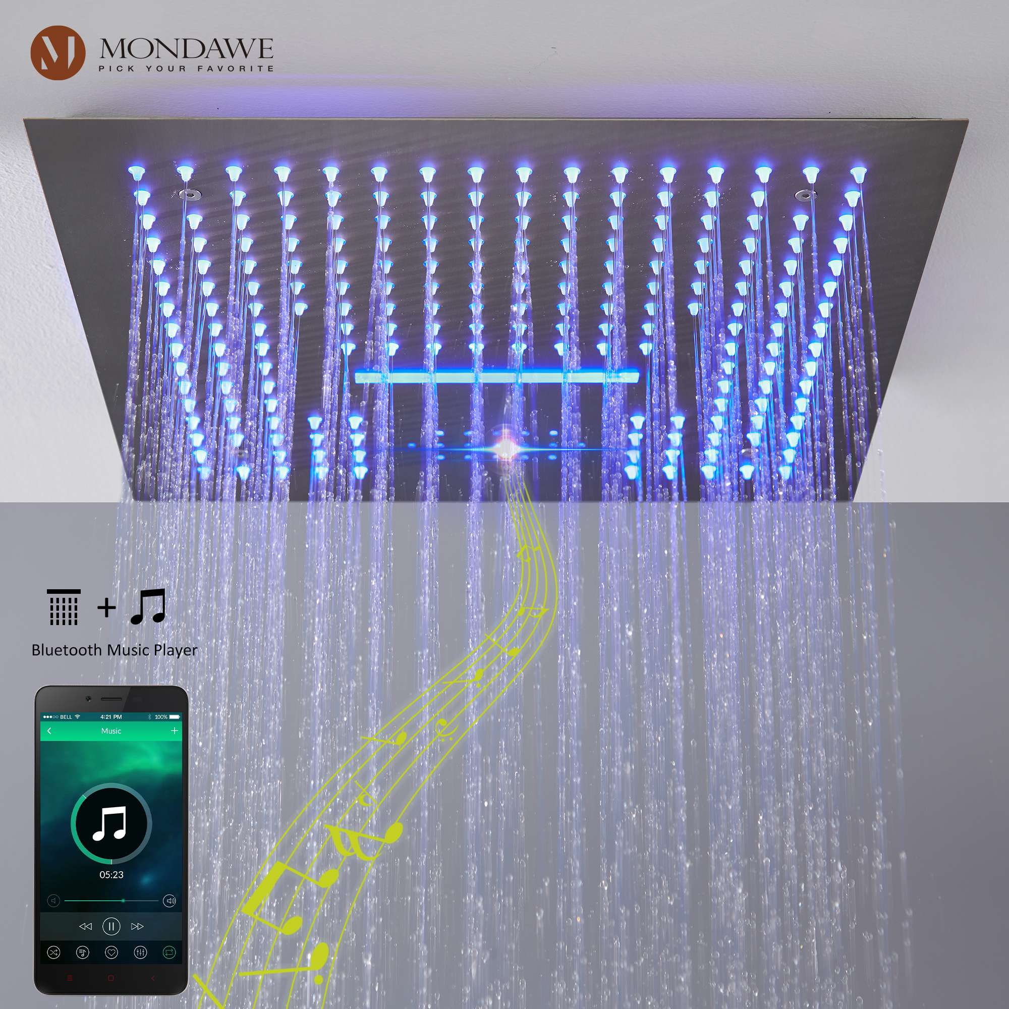 Mondawe 4-Way Shower System with LED and Music Player in Black/Nickel/Gold-Mondawe