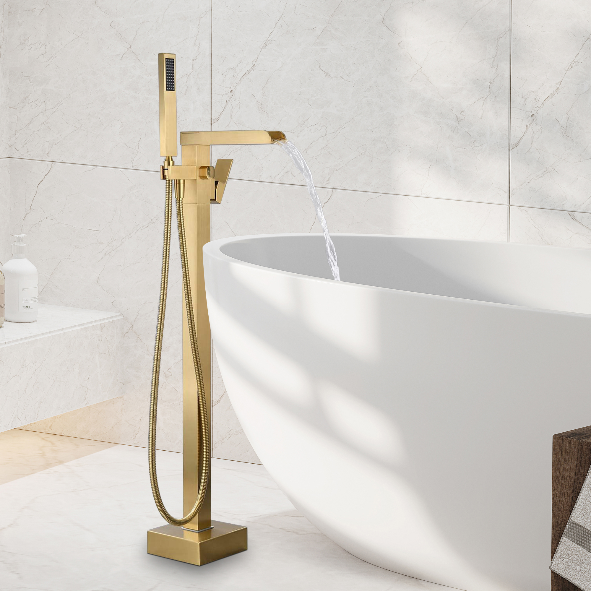 2.5 GPM Floor Mount Freestanding Waterfall Tub Faucet with Handheld Shower, Brushed Nickel/Matte Black/Brushed Gold