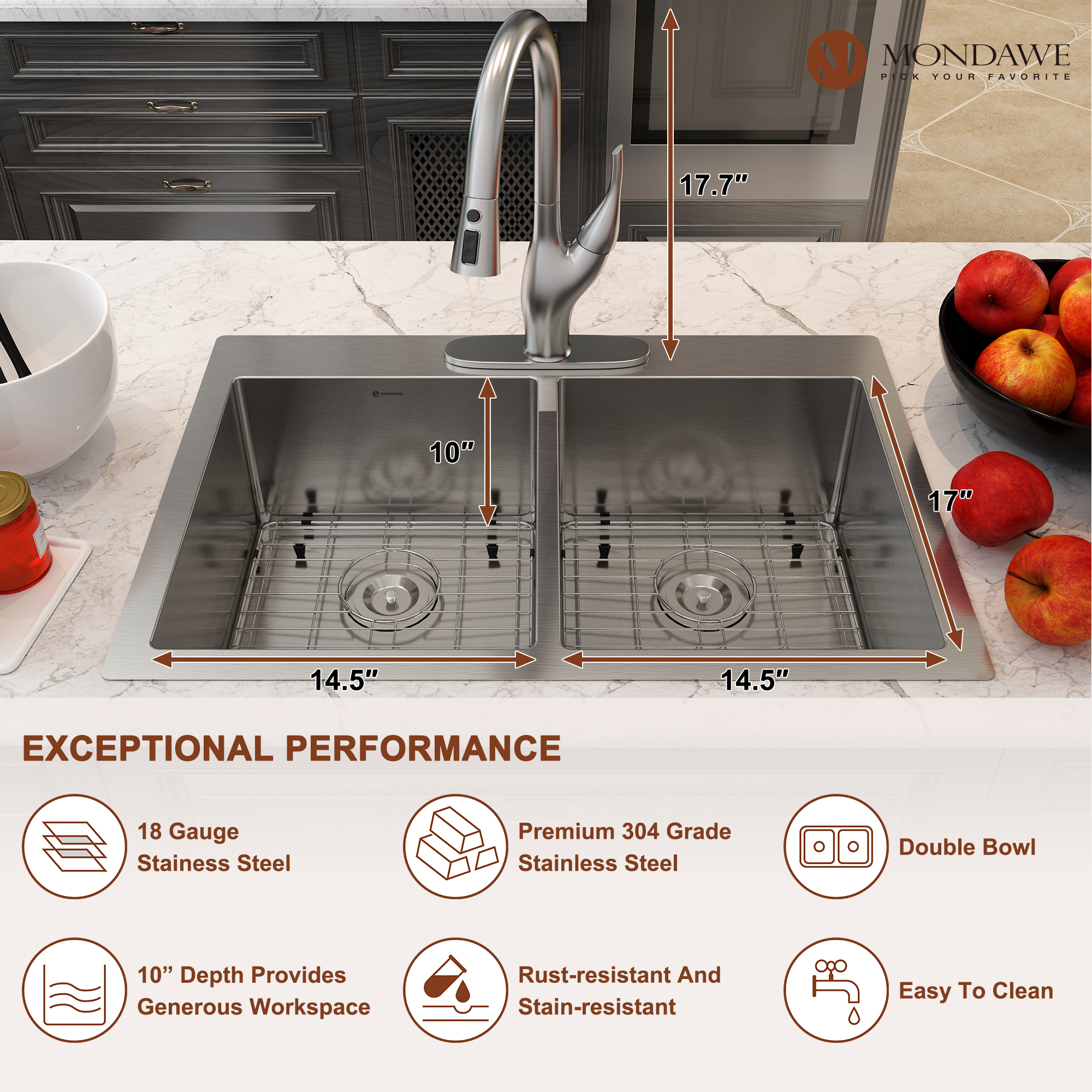 Drop-In 33-in x 22-in Brushed Stainless Steel Double Bowl Kitchen Sink-Mondawe