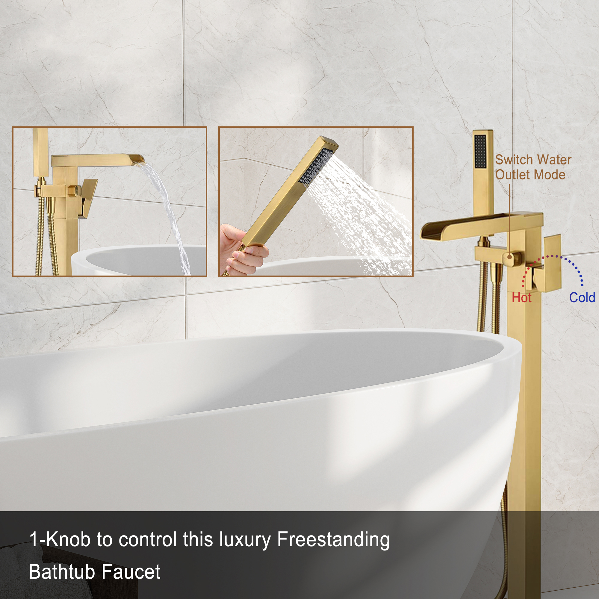 2.5 GPM Floor Mount Freestanding Waterfall Tub Faucet with Handheld Shower, Brushed Nickel/Matte Black/Brushed Gold