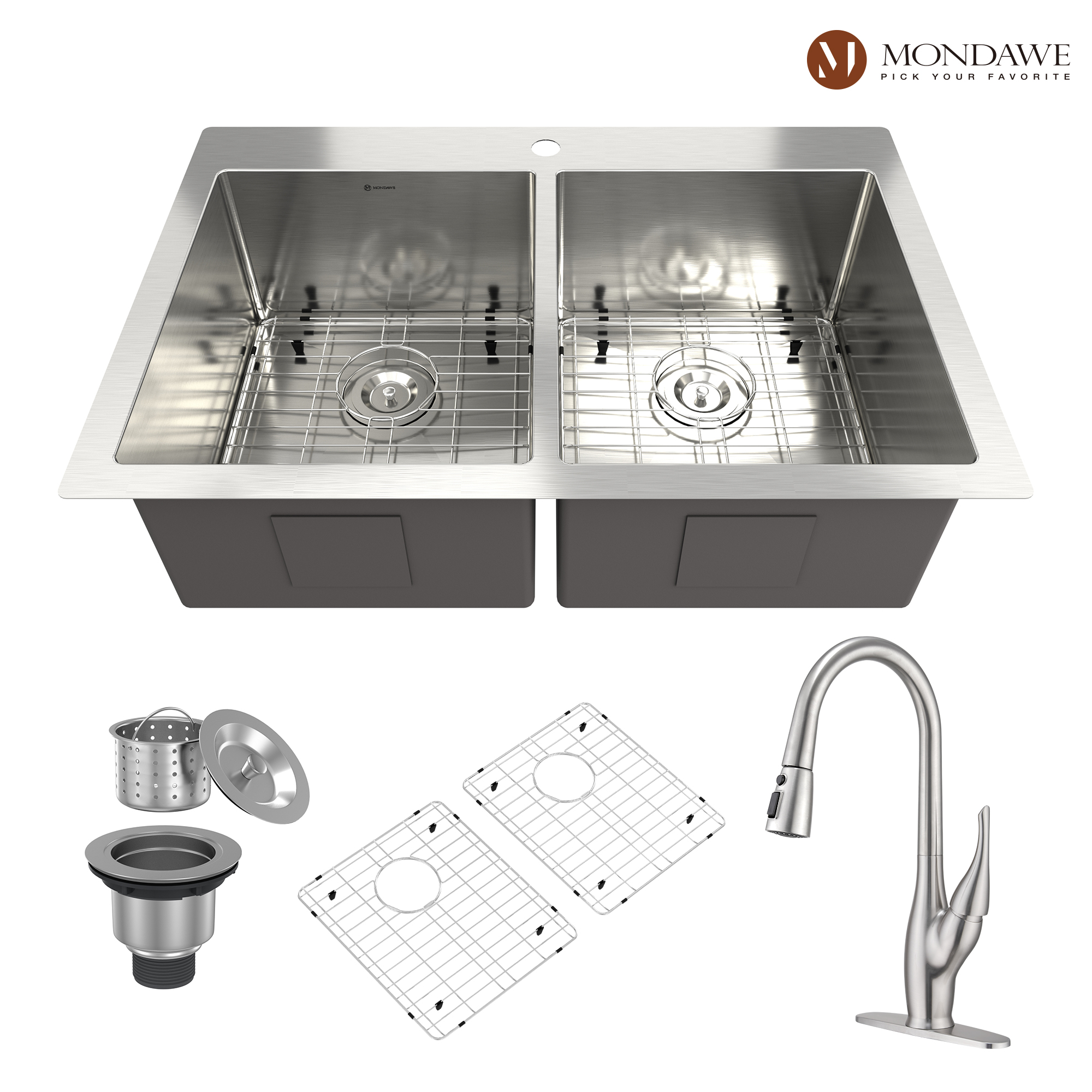 Drop-In 33-in x 22-in Brushed Stainless Steel Double Bowl Kitchen Sink-Mondawe