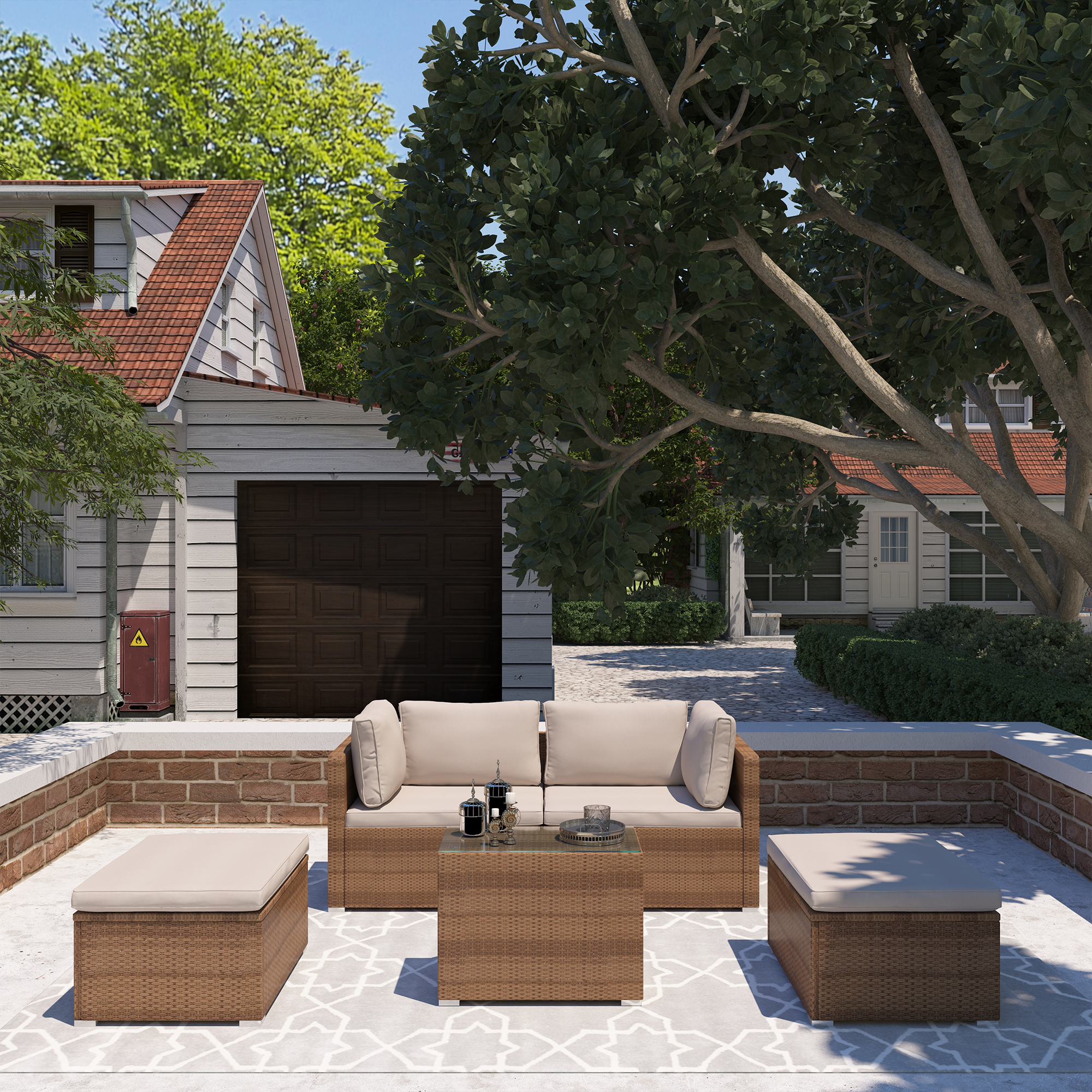 5-Piece Patio Rattan Wicker PE Conversation Set with Cushions