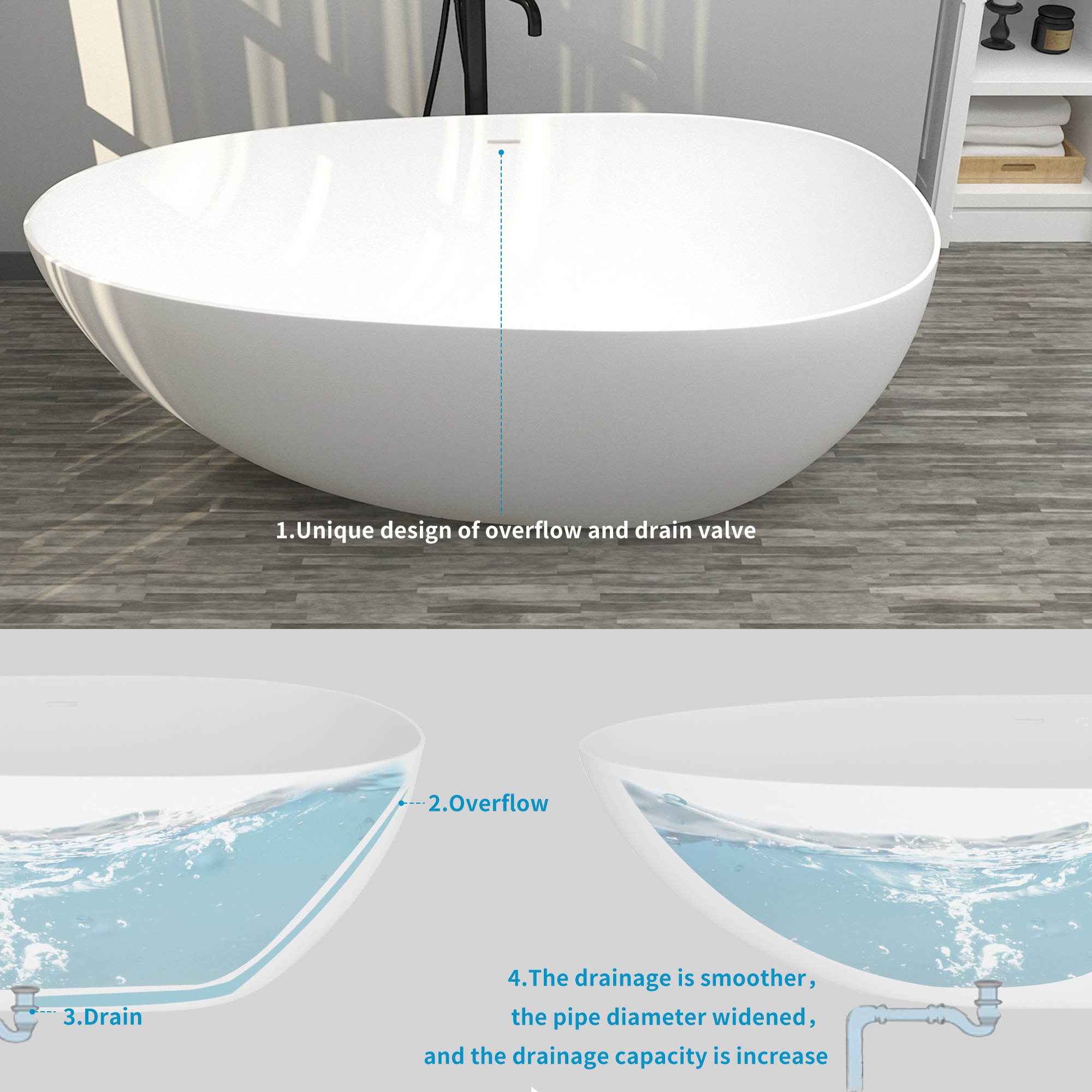 Boyel Living 67'' Resin Stone Freestanding Bathtub, Solid Surface Matte White Free Standing Tub, Egg Shape Stand Alone Soaking Tubs with Drain, Drain Hose & Sanding Paper