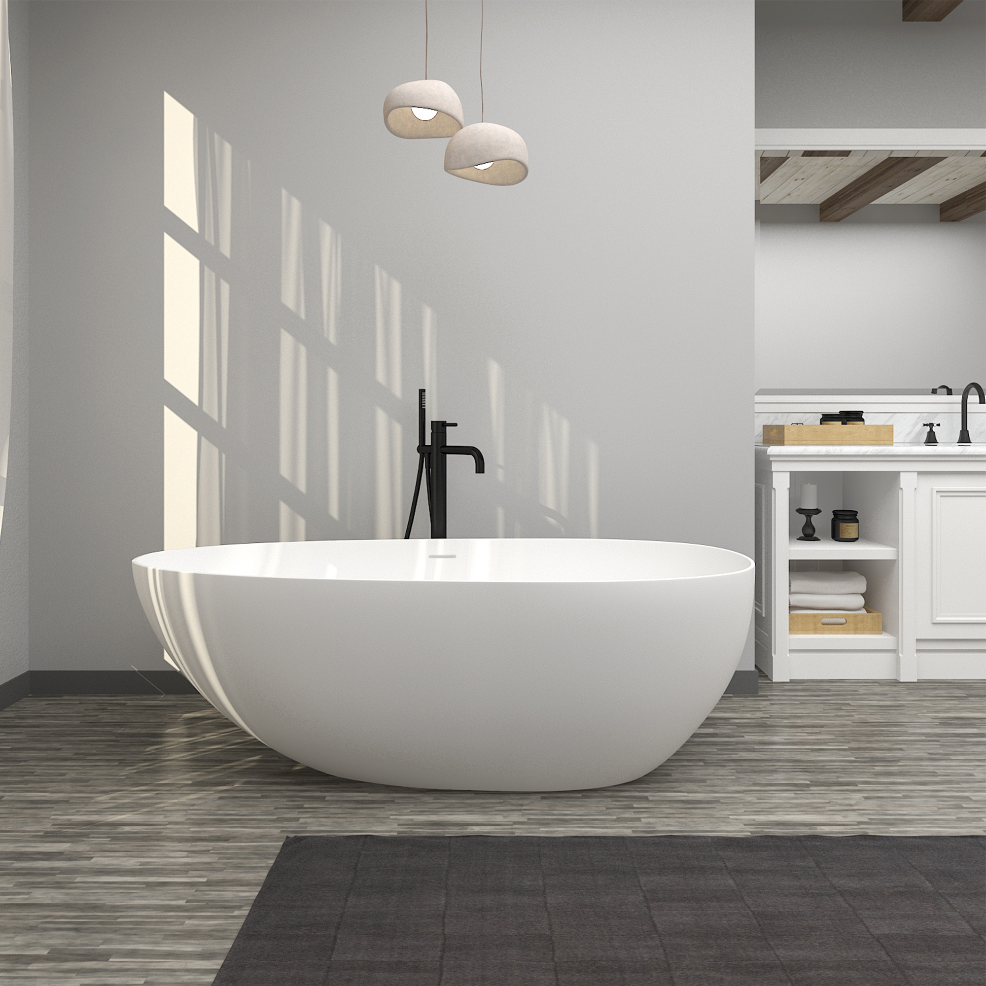 Boyel Living 67'' Resin Stone Freestanding Bathtub, Solid Surface Matte White Free Standing Tub, Egg Shape Stand Alone Soaking Tubs with Drain, Drain Hose & Sanding Paper