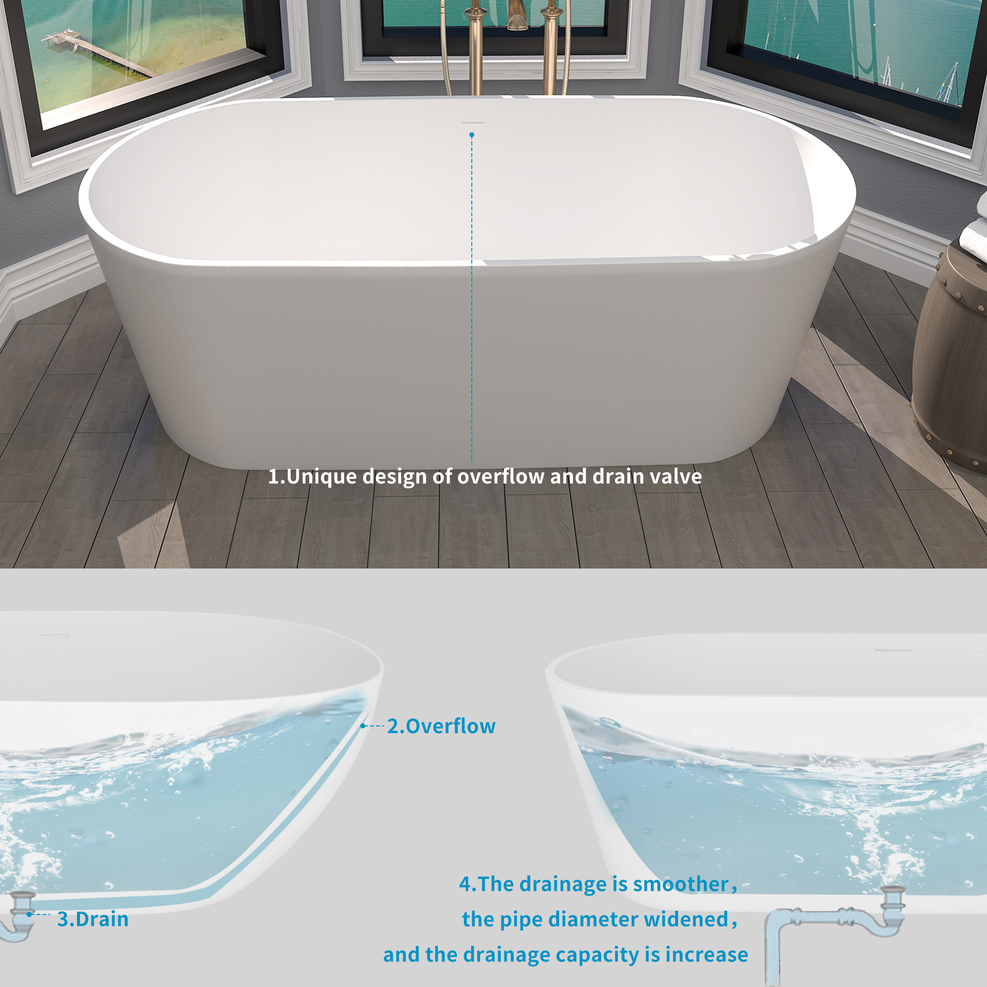 63" Matte White Faux Stone Freestanding Soaking Tub with Drain , Eco-friendly materials, hand-polished, freestanding soaking tub