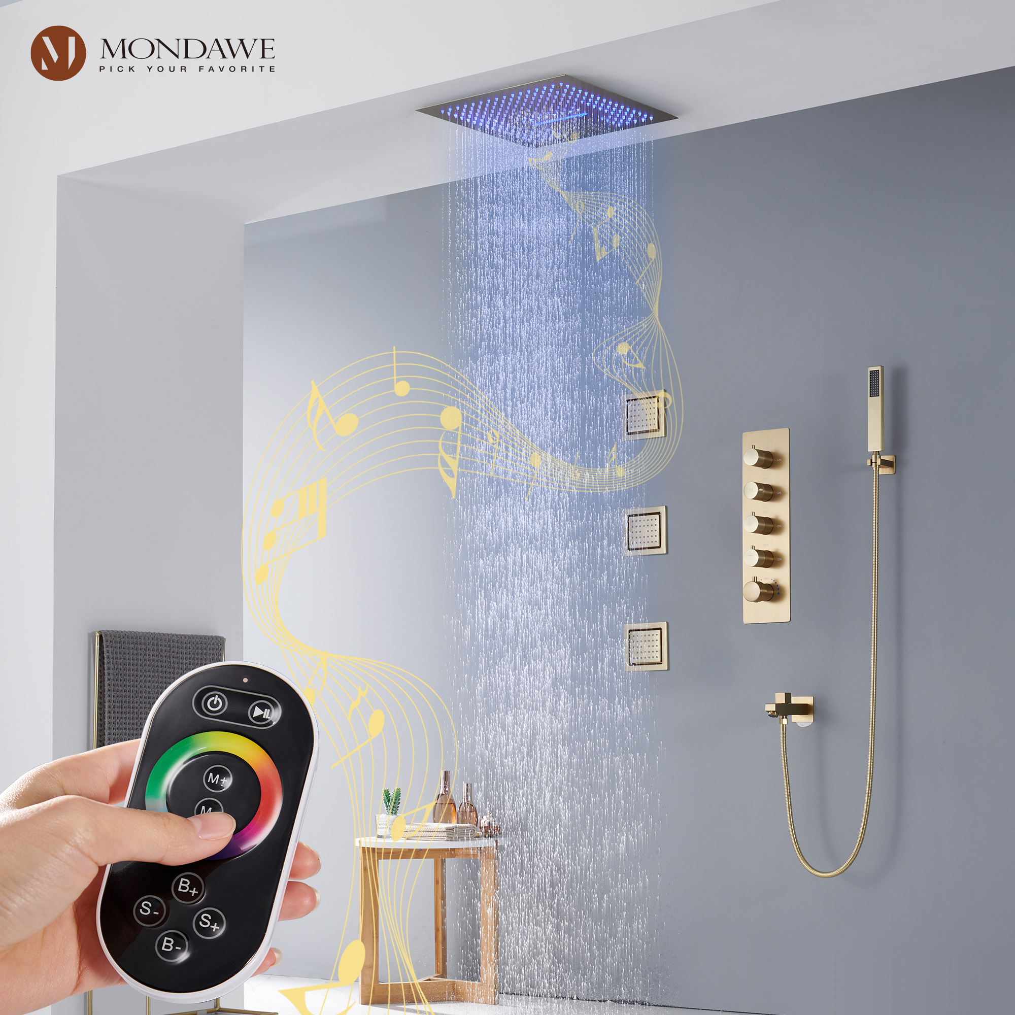 Mondawe 4-Way Shower System with LED and Music Player in Black/Nickel/Gold-Mondawe