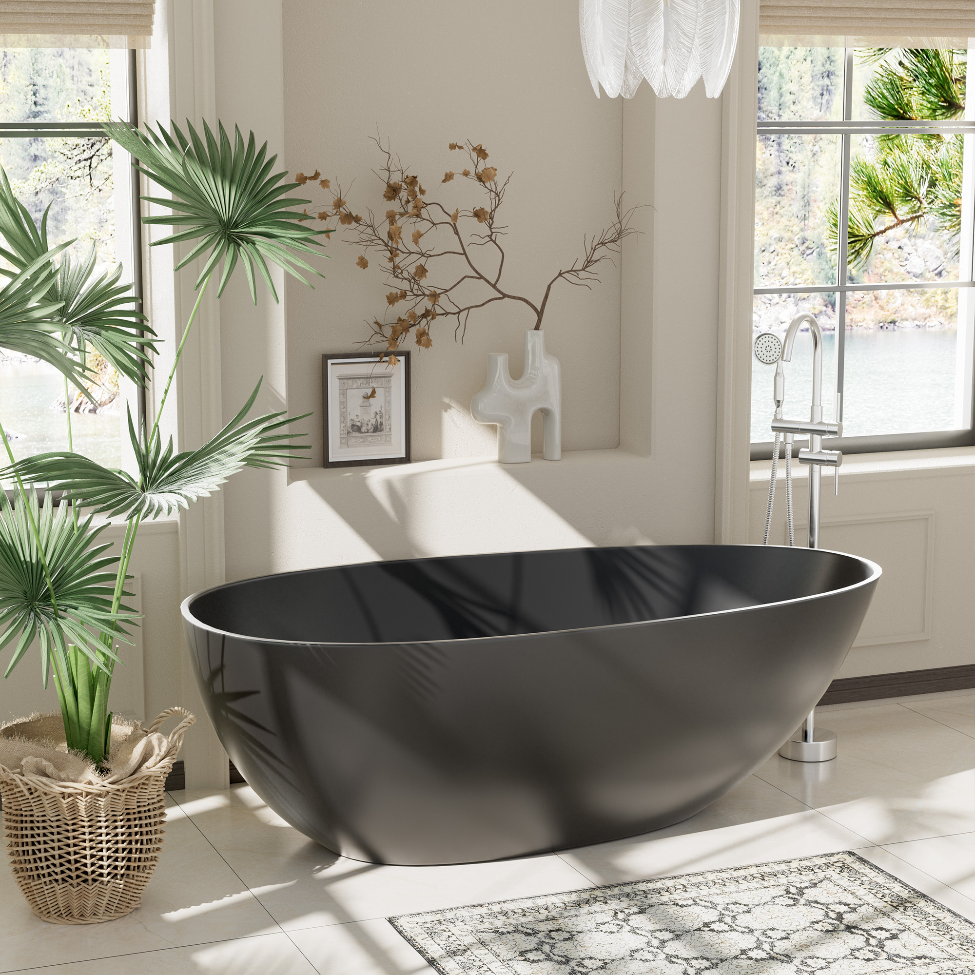 Luxury 59" Solid Surface White Freestanding Soaking Bathtub with Drain