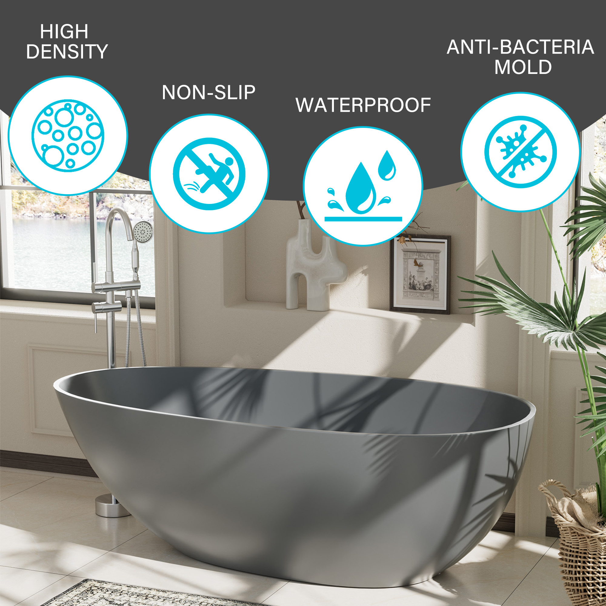 Luxury 59" Solid Surface White Freestanding Soaking Bathtub with Drain