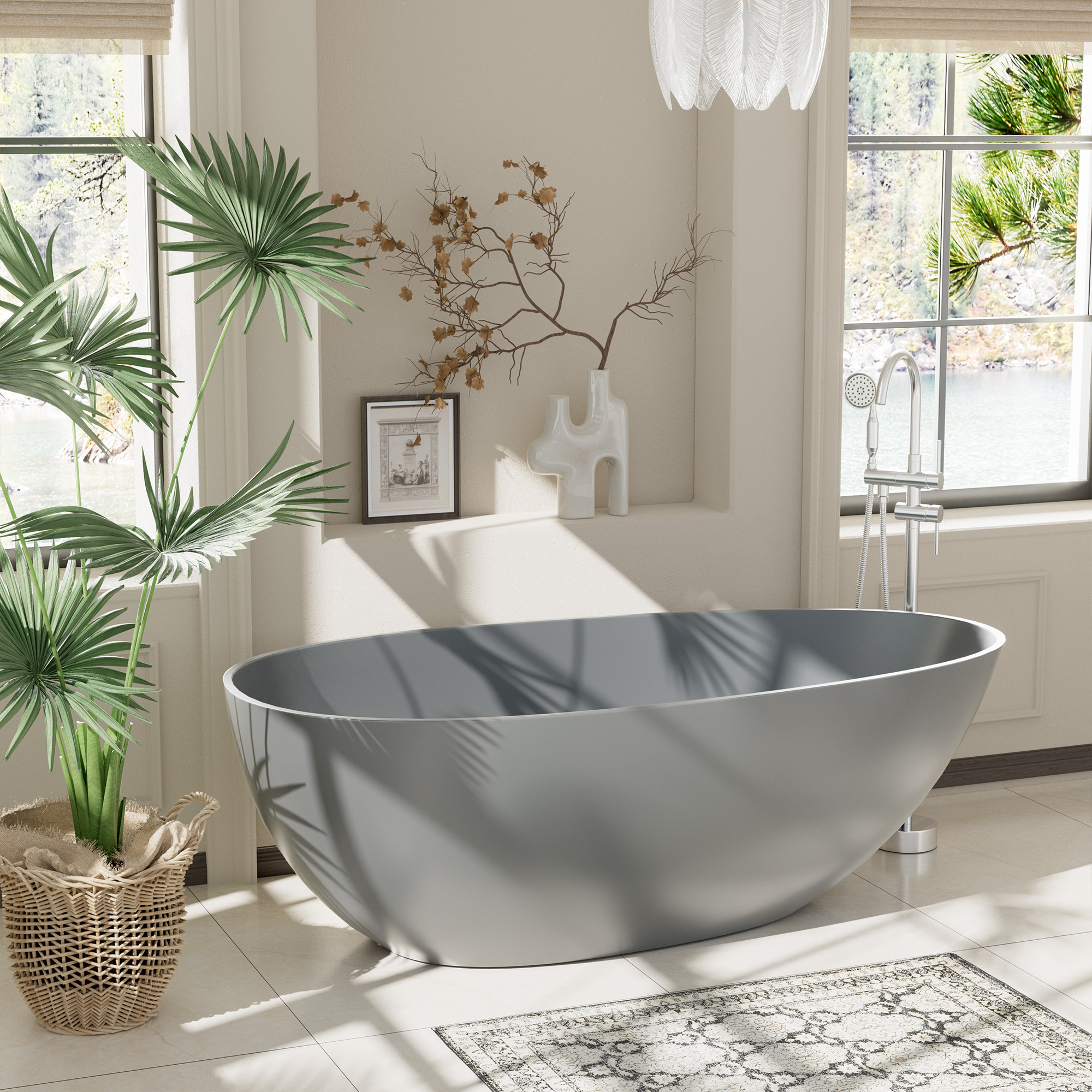 65" Solid Surface Oval Soaking Bathtub with Drain