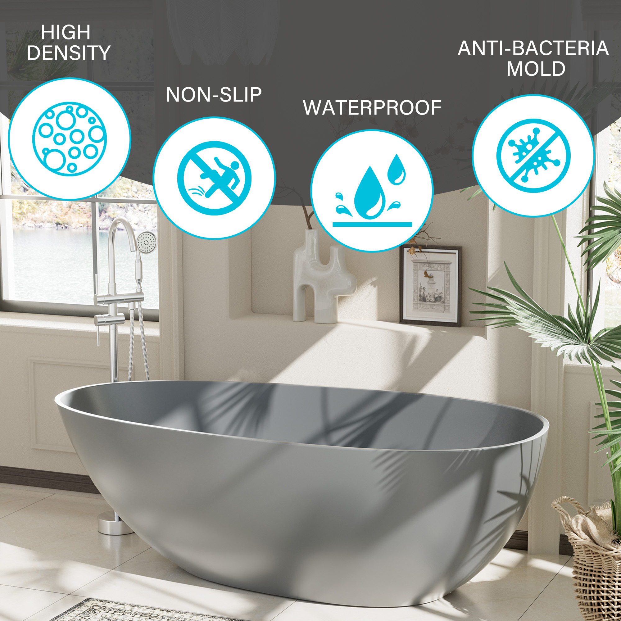 Luxury 67" Solid Surface Freestanding Soaking Bathtub with Drain