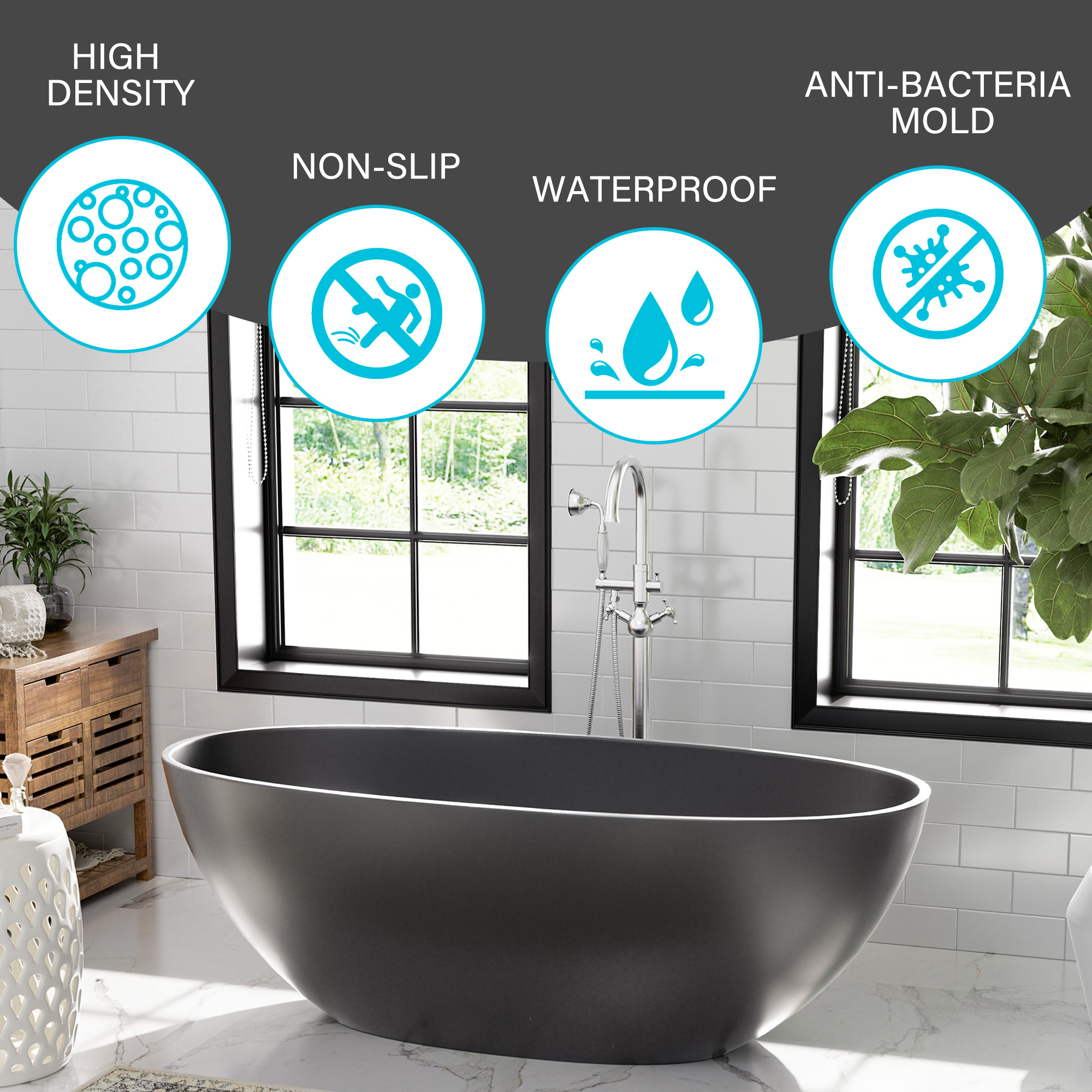 65" Solid Surface Oval Soaking Bathtub with Drain