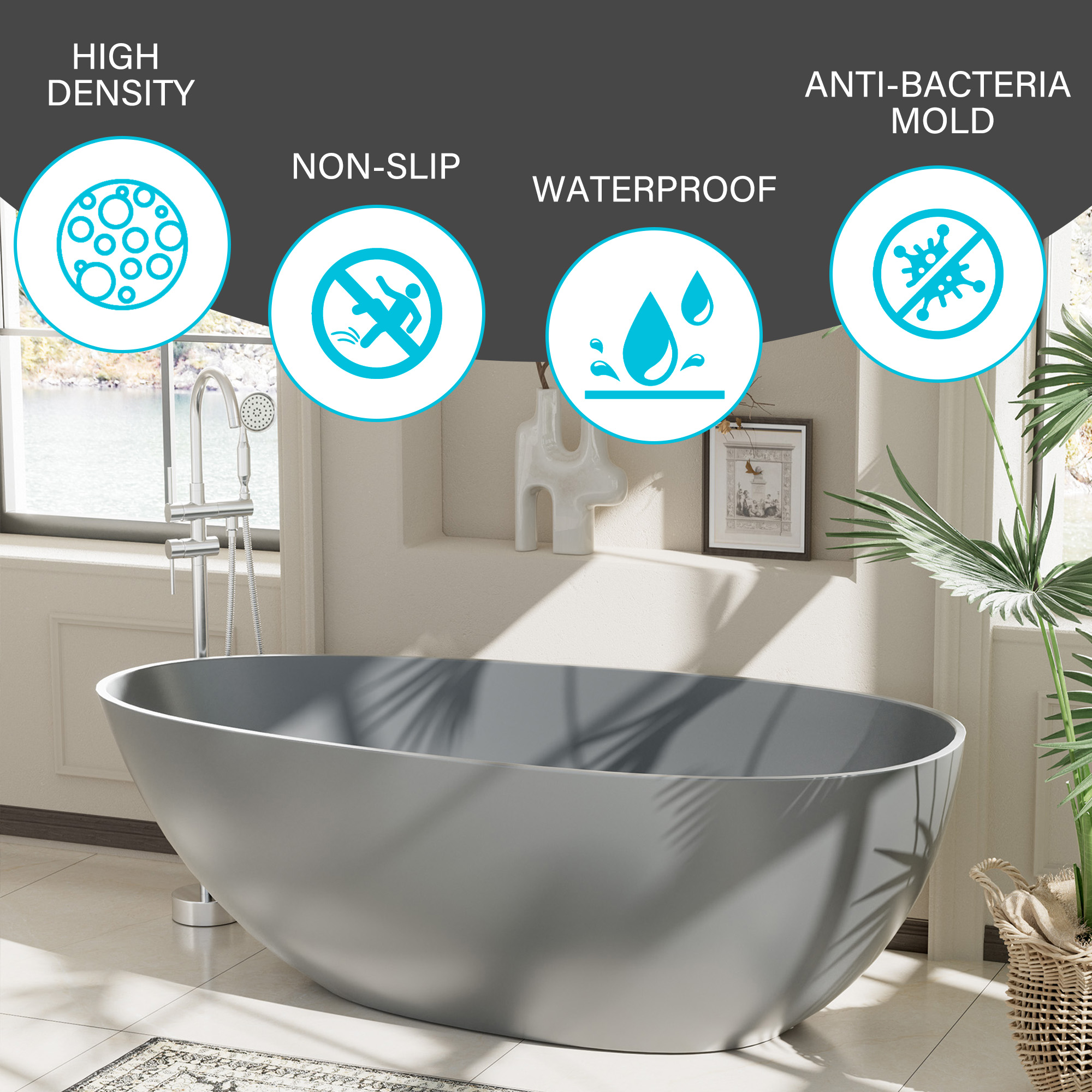 65" Solid Surface Oval Soaking Bathtub with Drain