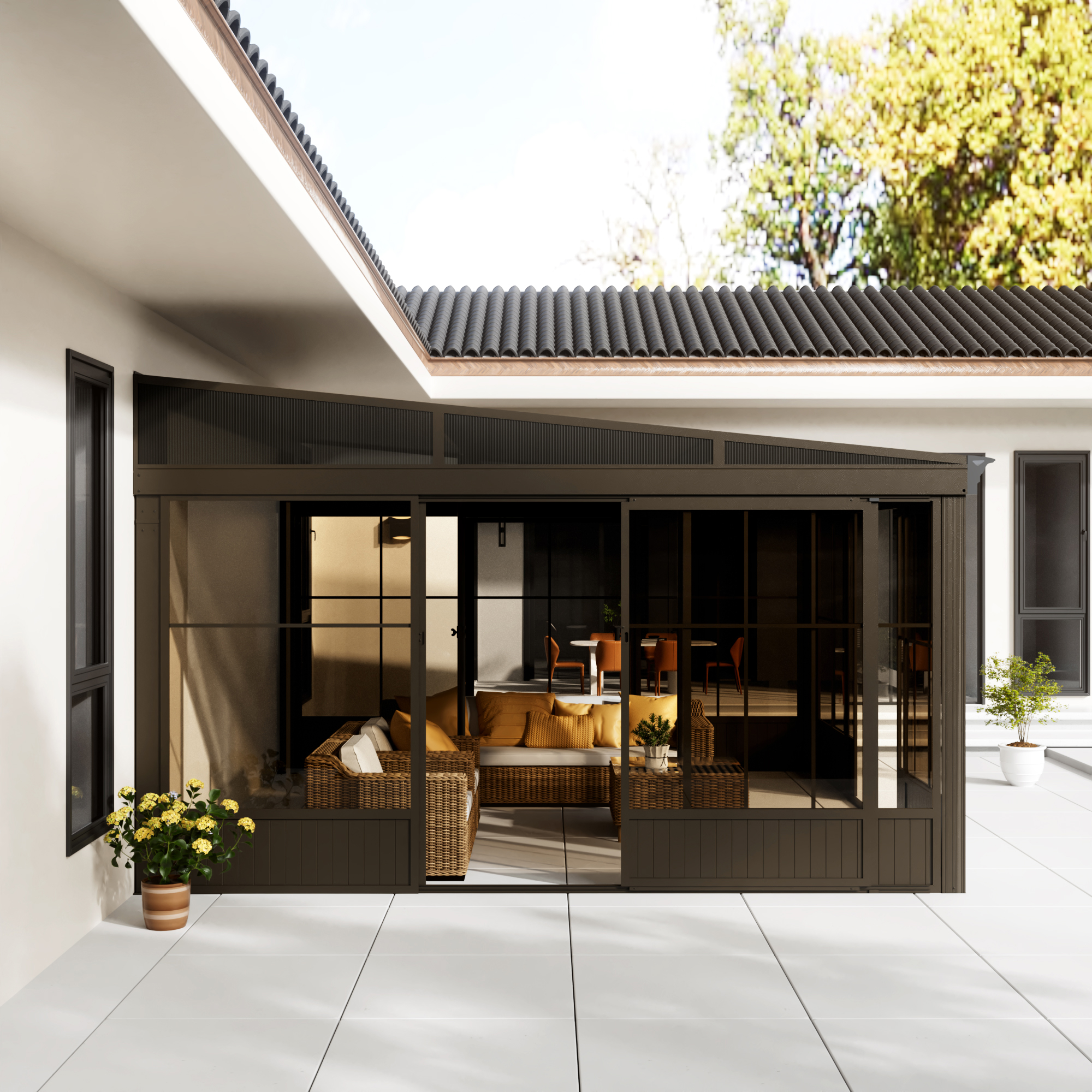 12 ft. x 14 ft. Wall Mounted Gazebo, All-Season Patio Gazebo Sunroom with Side Door, Outdoor Permanent Sunroom