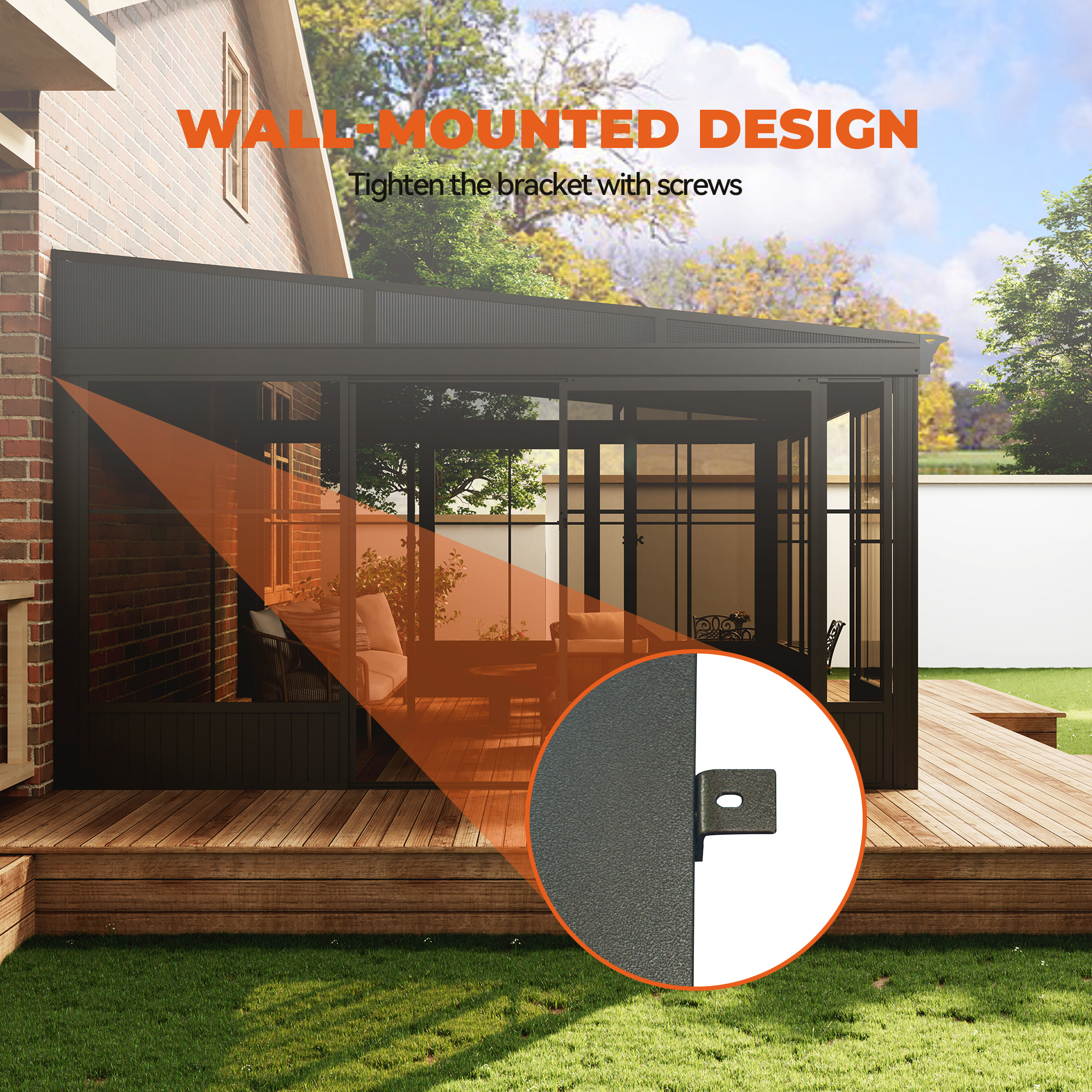 12 ft. x 14 ft. Wall Mounted Gazebo, All-Season Patio Gazebo Sunroom with Side Door, Outdoor Permanent Sunroom