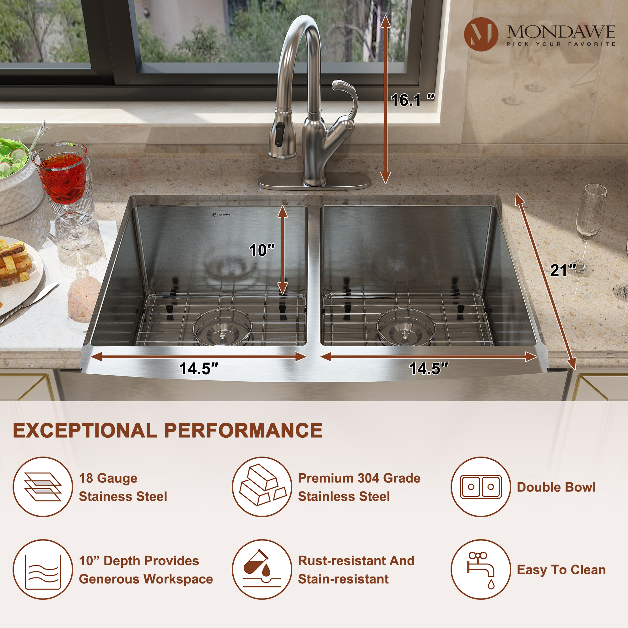 33 inch Farmhouse Apron Front 33-in x 22-in Brushed Stainless Steel Double Bowl Kitchen Sink-Mondawe