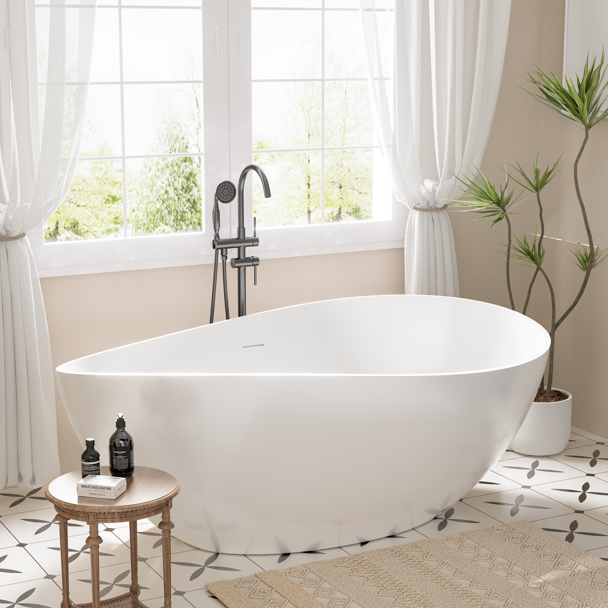 63" Free Standing Tub, Matte White Stone Resin Freestanding Bathtub Solid Surface Soaking Tub with Drain, Drain Hose & Sanding Paper