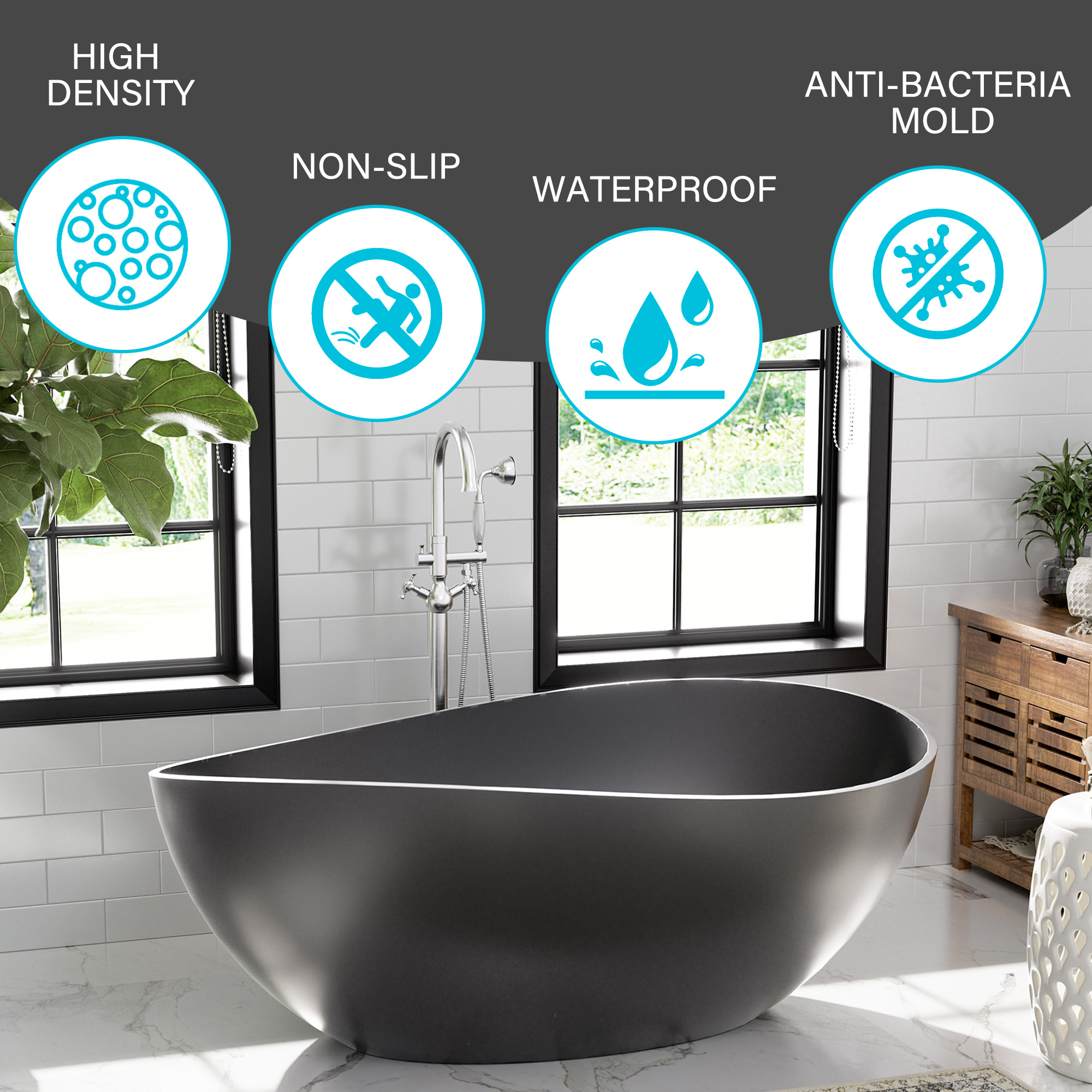 63" Free Standing Tub, Matte White Stone Resin Freestanding Bathtub Solid Surface Soaking Tub with Drain, Drain Hose & Sanding Paper