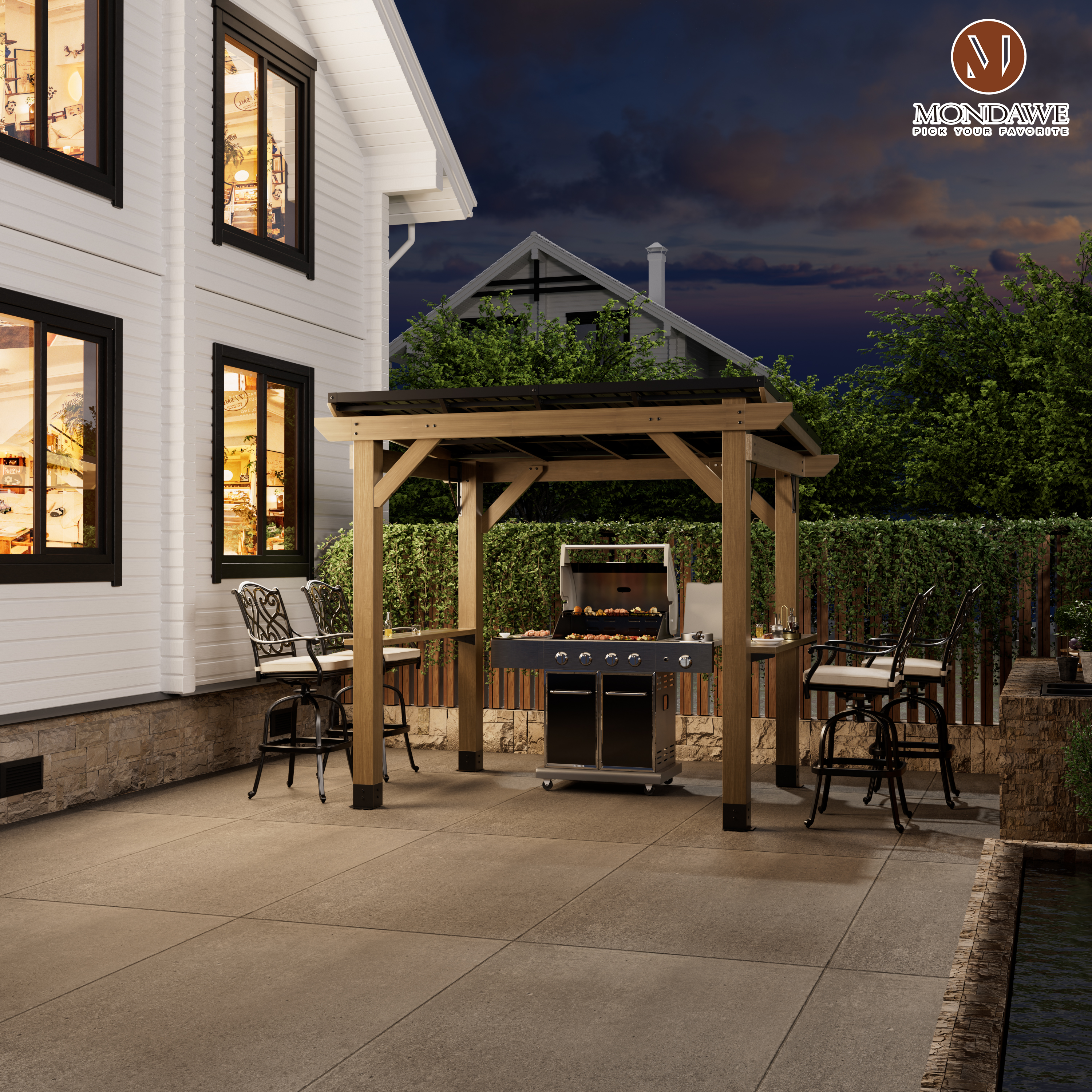 8 ft. x 6 ft. Cedar  Hardtop BBQ Gazebo with Two Side Wooden Holder