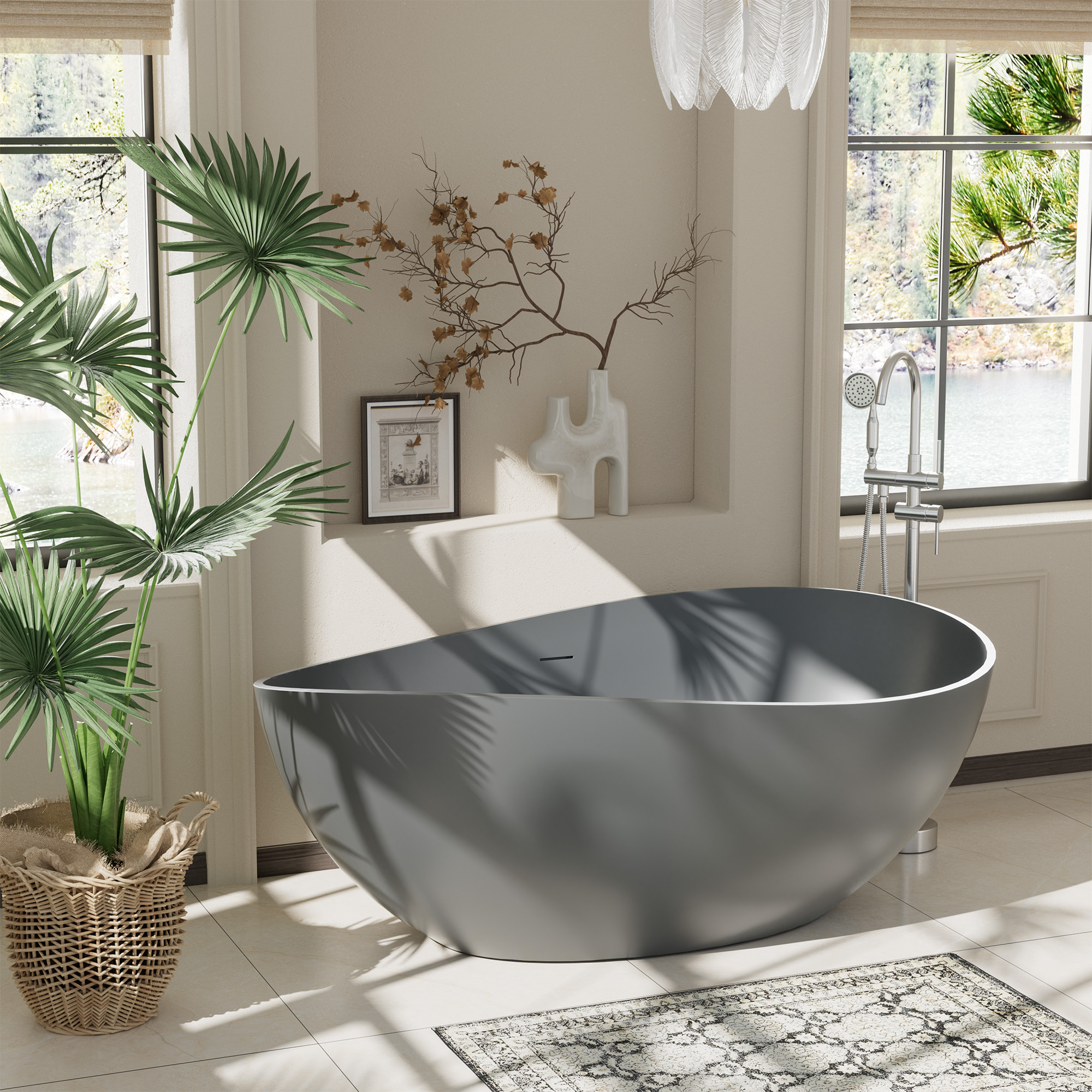 63" Free Standing Tub, Matte White Stone Resin Freestanding Bathtub Solid Surface Soaking Tub with Drain, Drain Hose & Sanding Paper