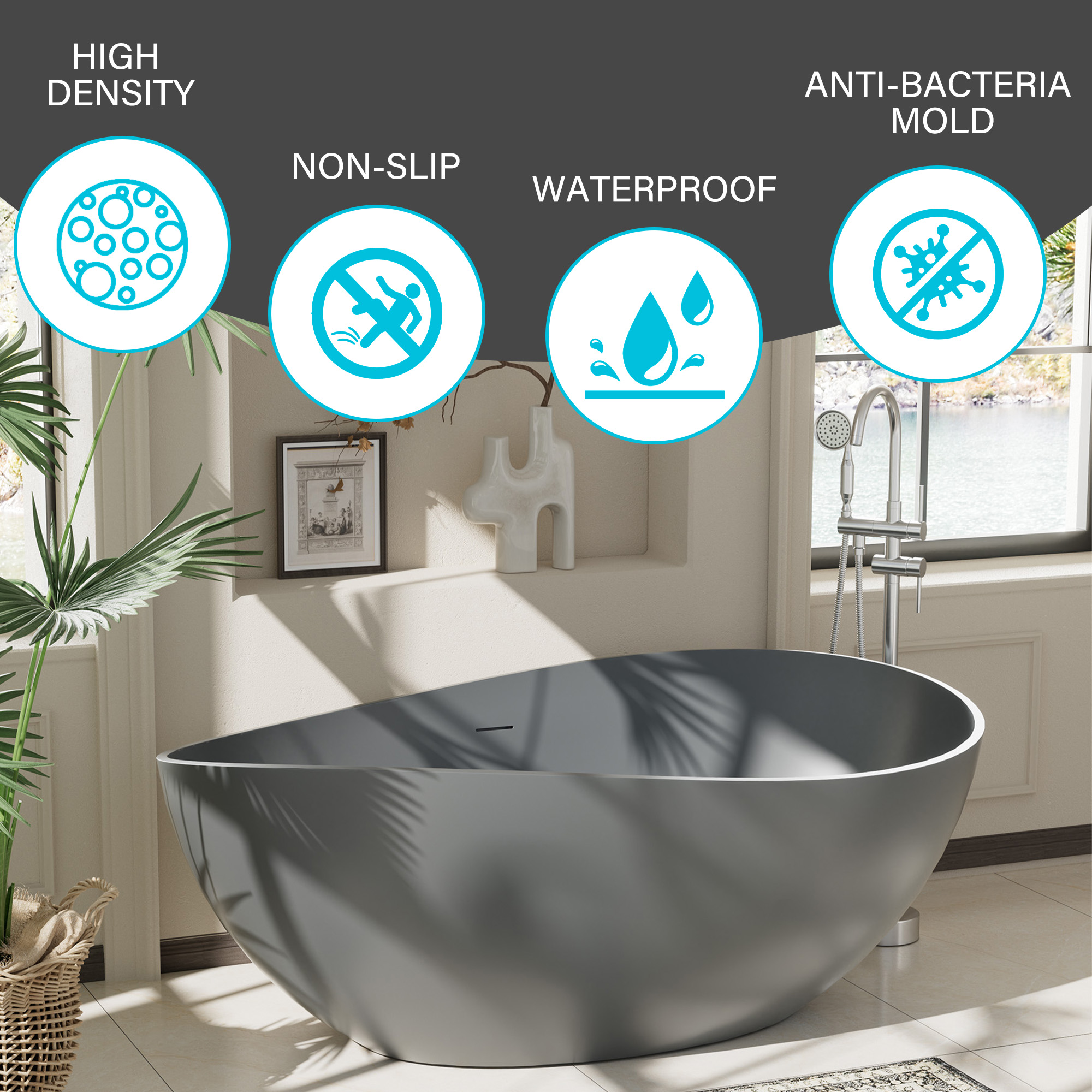 63" Free Standing Tub, Matte White Stone Resin Freestanding Bathtub Solid Surface Soaking Tub with Drain, Drain Hose & Sanding Paper