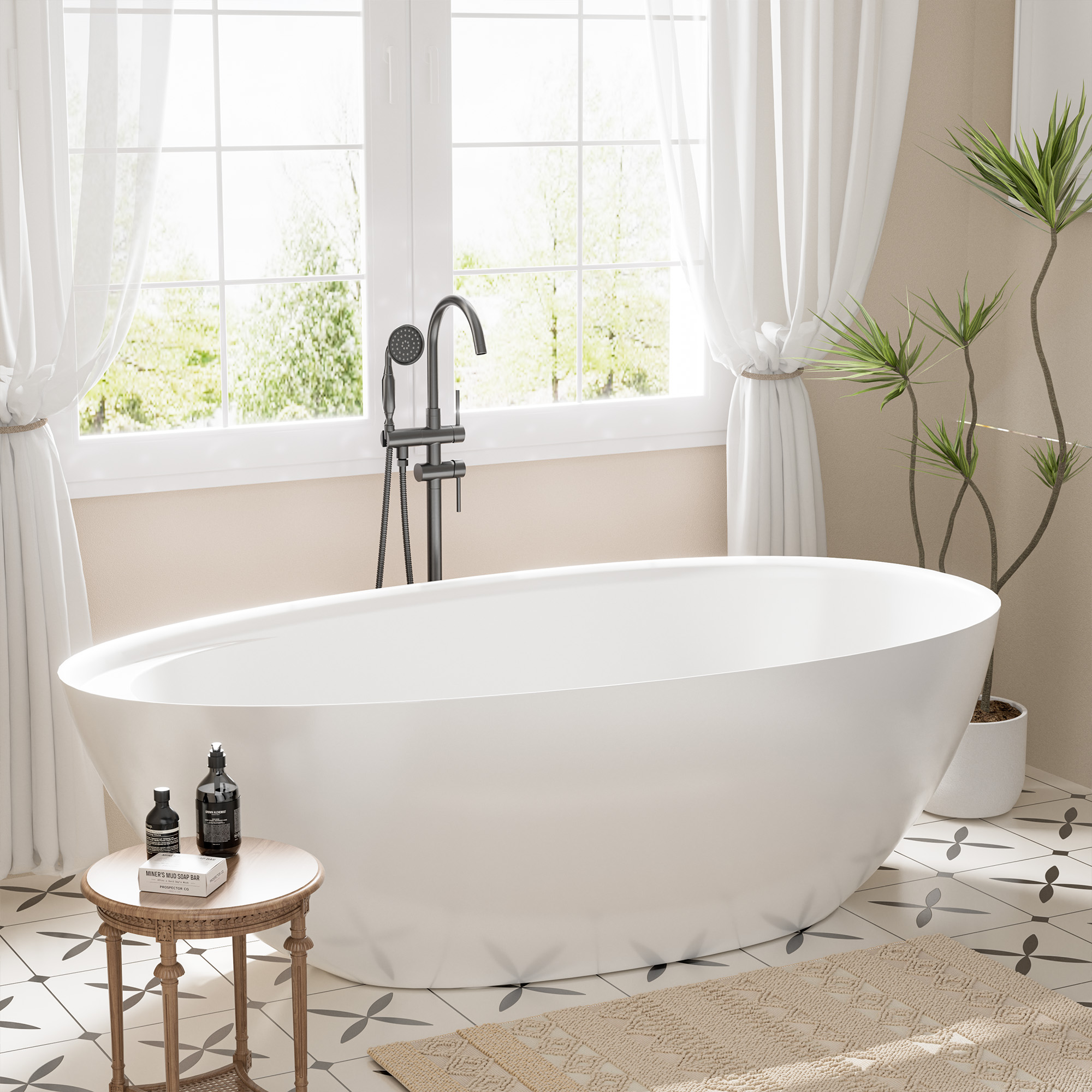 Boyel living 67" Free Standing Tub, Stone Resin Freestanding Tub Large Space Solid Surface Matte White Soaking Tub with Drain, Drain Hose & Sanding Paper