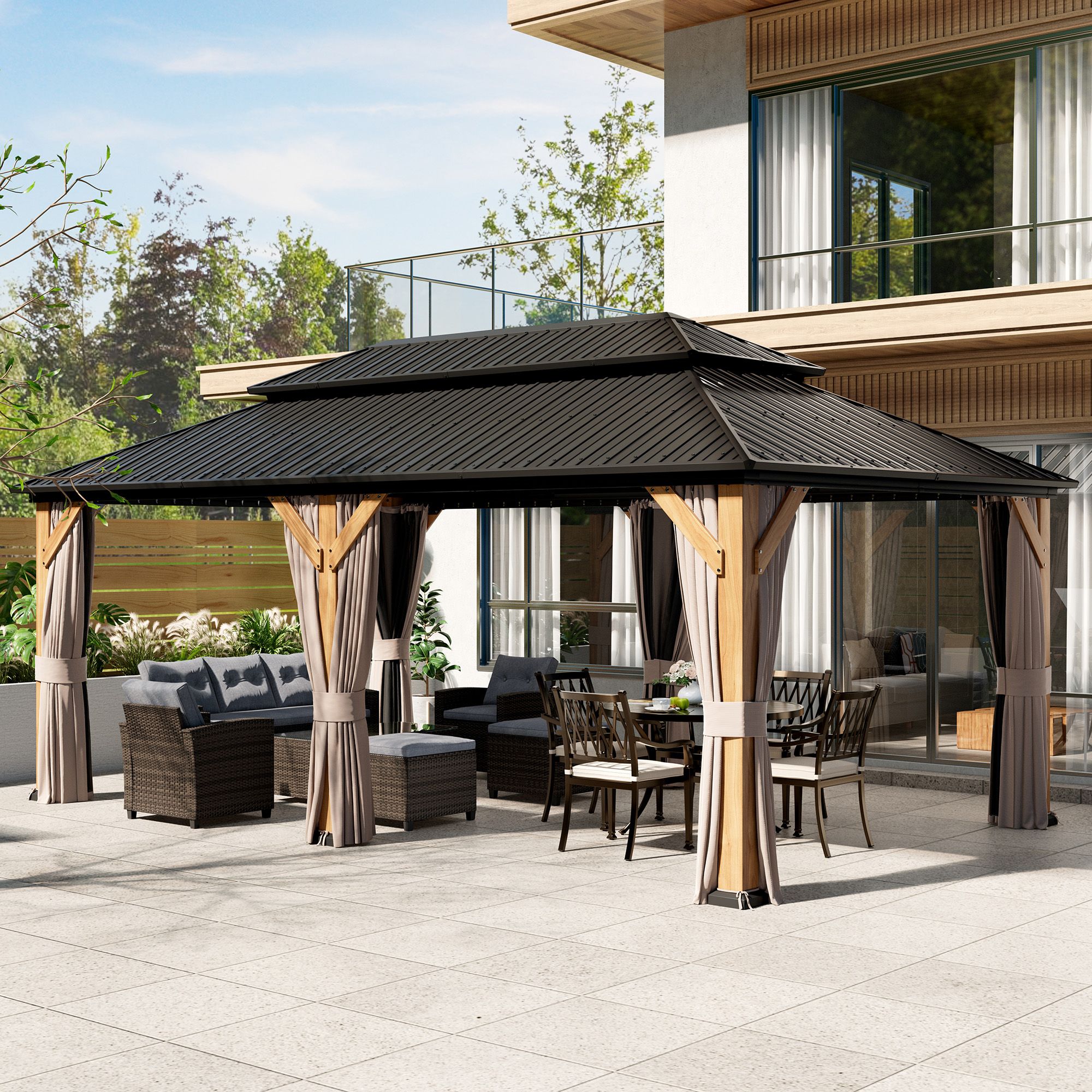 12x20 ft Outdoor Cedar Wood Frame Gazebo Galvanized Steel Hardtop Double Roof Permanent Metal Pavilion with Curtains and Netting