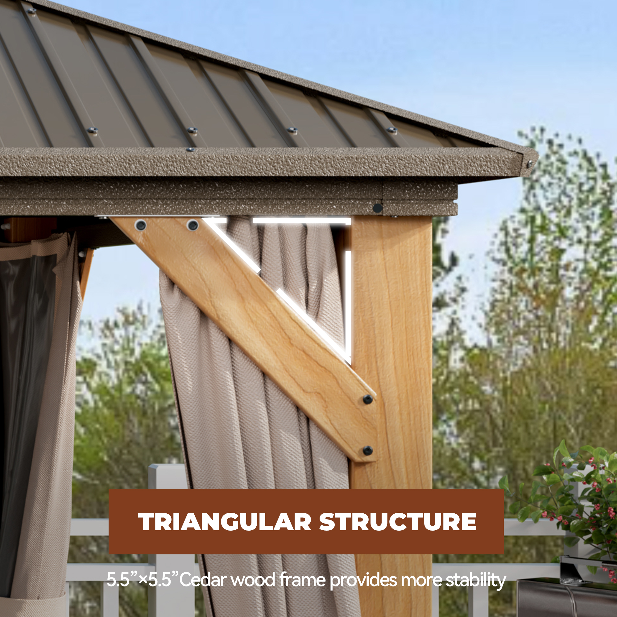 Cedar Frame Hard Top Gazebo with Galvanized Steel Double Roof, Curtain and Net, Outdoor Wooden Gazebo Pergola for Patio Lawn Backyard