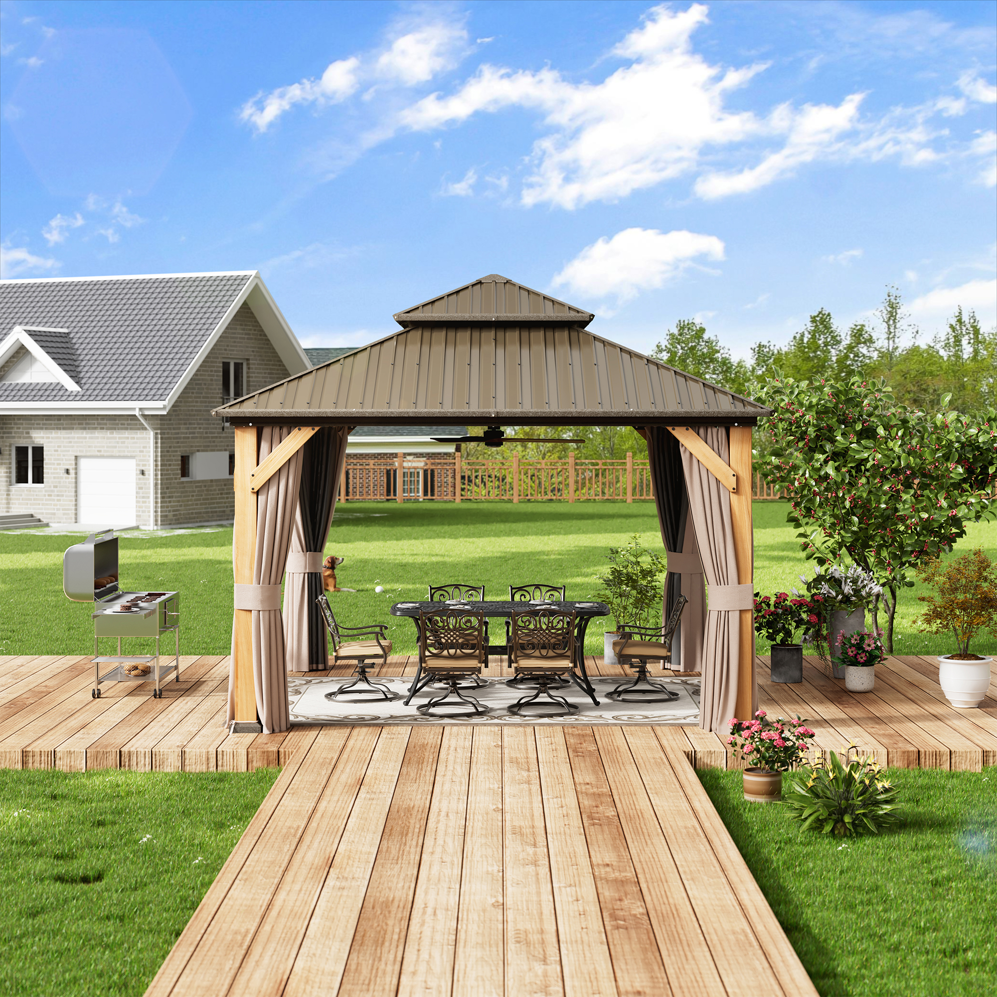 Cedar Frame Hard Top Gazebo with Galvanized Steel Double Roof, Curtain and Net, Outdoor Wooden Gazebo Pergola for Patio Lawn Backyard