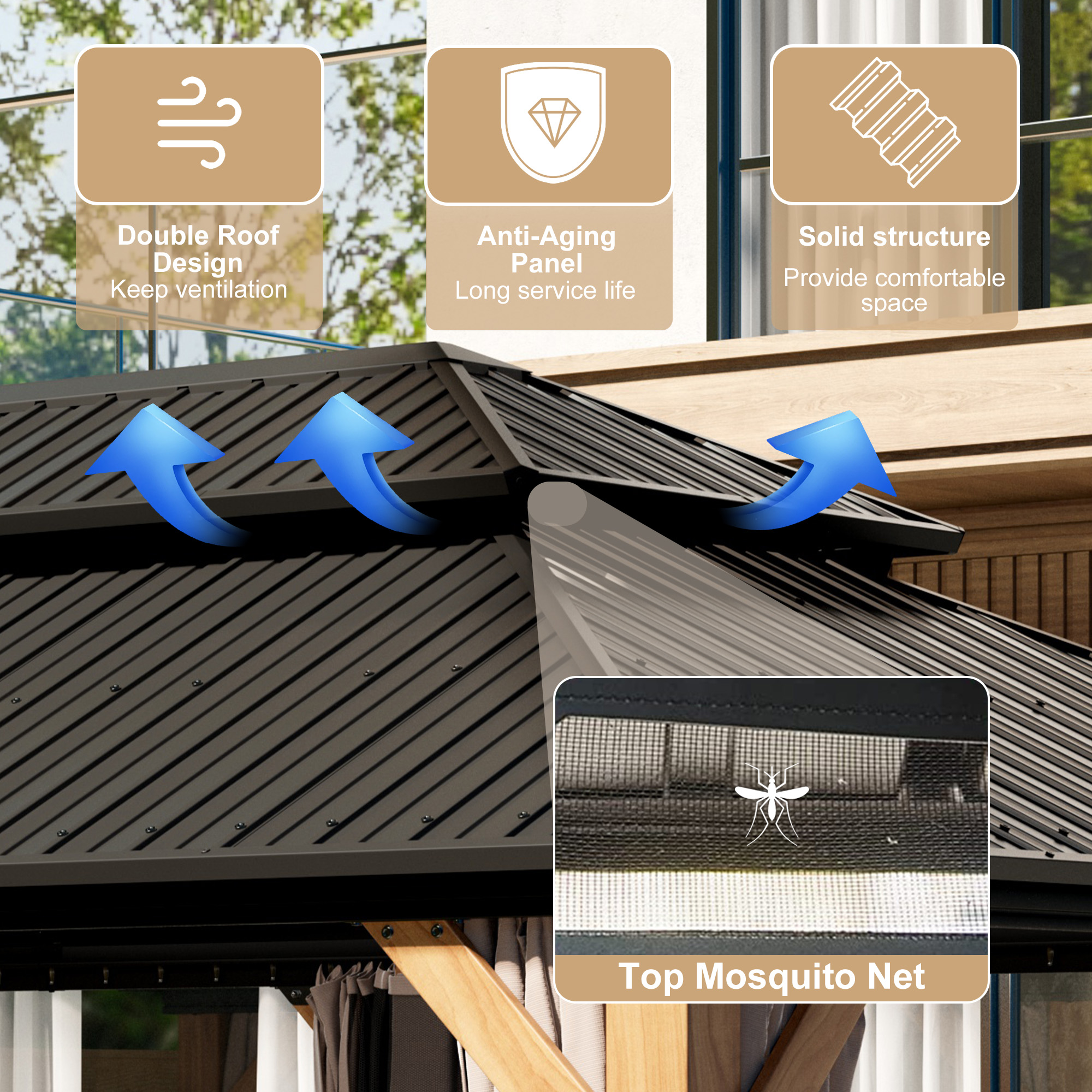 Outdoor Cedar Wood Frame Canopy with Galvanized Steel Double Roof, Outdoor Permanent Metal Pavilion with Curtains and Netting for Patio, Backyard and Lawn