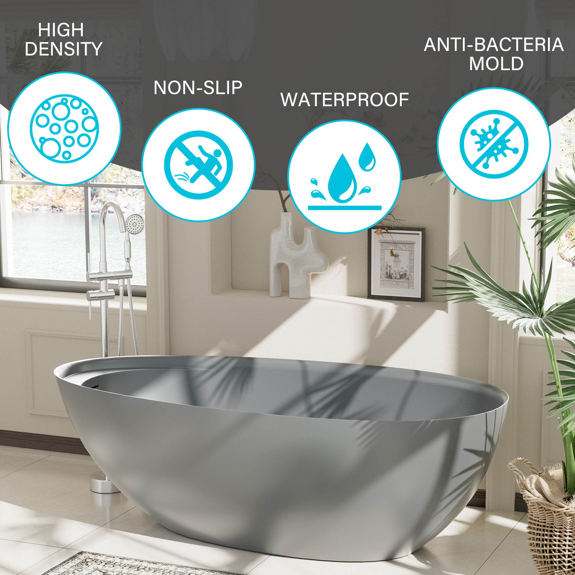 Boyel living 67" Free Standing Tub, Stone Resin Freestanding Tub Large Space Solid Surface Matte White Soaking Tub with Drain, Drain Hose & Sanding Paper