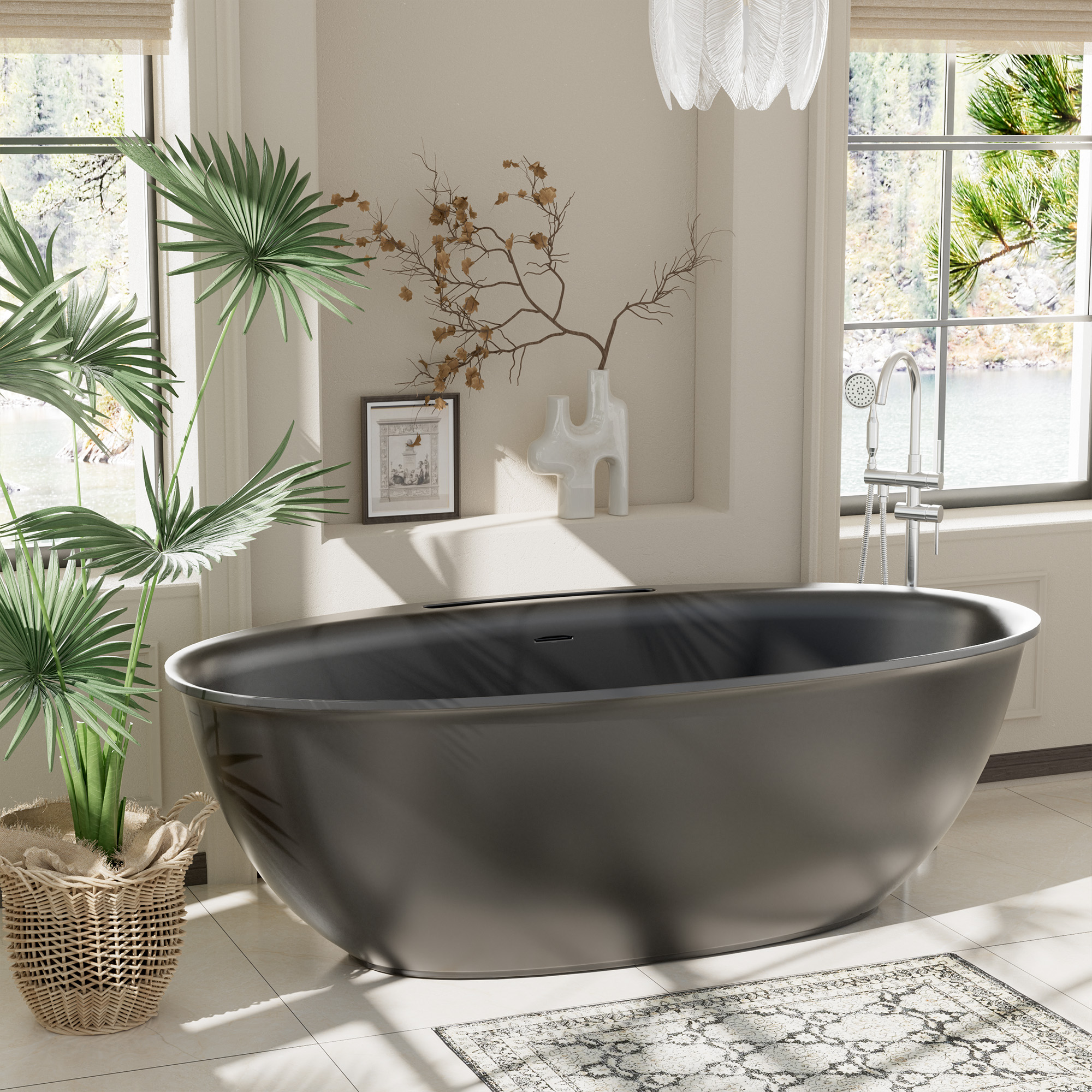 63" Free Standing Tub Stone Resin Freestanding Bathtub Matte White Solid Surface Soaking Tub with Drain, Drain Hose & Sanding Paper