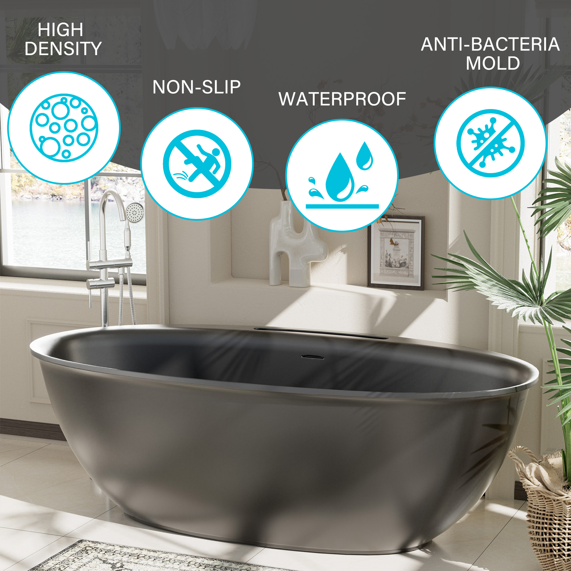 63" Free Standing Tub Stone Resin Freestanding Bathtub Matte White Solid Surface Soaking Tub with Drain, Drain Hose & Sanding Paper