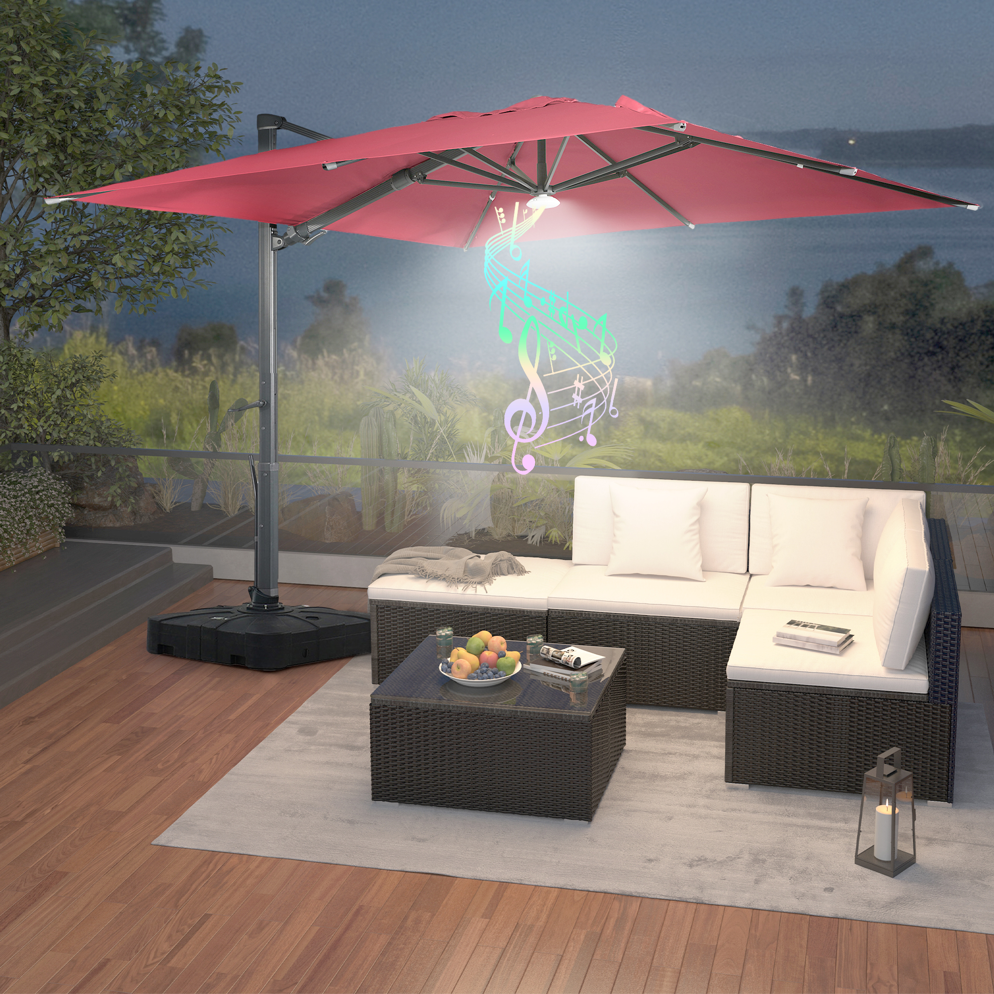 Square Aluminum Cantilever Patio Umbrella with 90° Tilt, LED & Bluetooth Mood Light, and Base Included