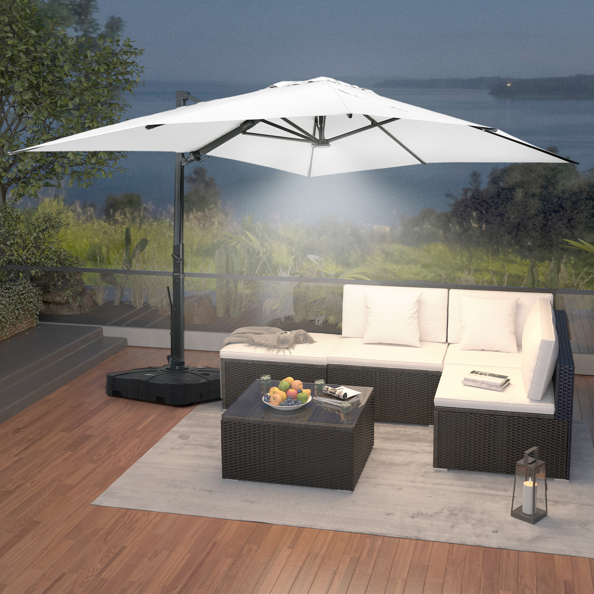 Square Aluminum Cantilever Patio Umbrella with 90° Tilt, LED & Bluetooth Mood Light, and Base Included