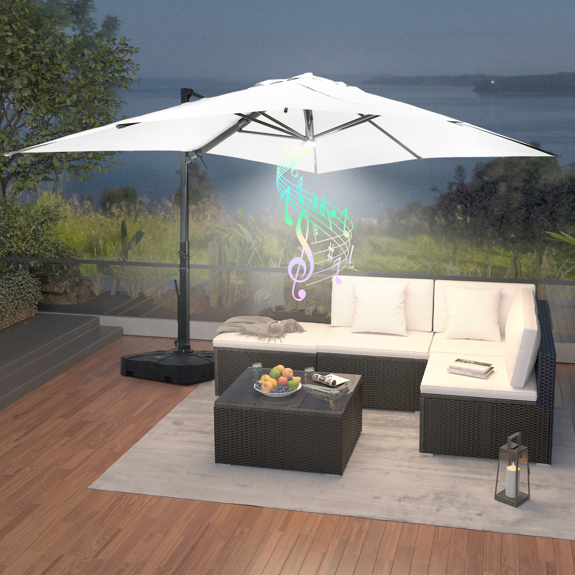 Square Aluminum Cantilever Patio Umbrella with 90° Tilt, LED & Bluetooth Mood Light, and Base Included