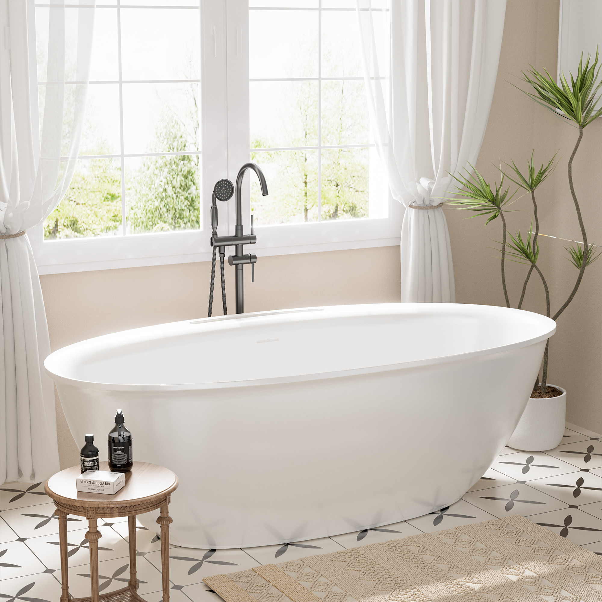 Matte white 67-inch artificial stone freestanding bathtub, hand-polished, with drainer + drain cover + drain pipe